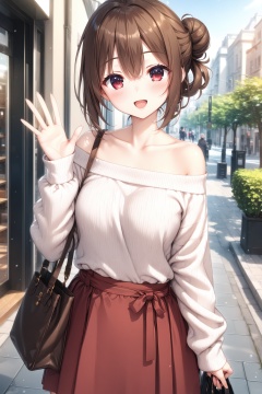 (masterpiece),(best quality),illustration,ultra detailed,hdr,Depth of field,(colorful),1girl,solo,smile,skirt,long hair,open mouth,brown hair,:d,collarbone,looking at viewer,holding,hair bun,bag,long sleeves,off shoulder,holding bag,sweater,single hair bun,off-shoulder sweater,white sweater,sleeves past wrists,brown skirt,blush,outdoors,jewelry,waving,red skirt,hand up,head tilt,hair between eyes,bare shoulders,standing,red eyes,breasts,