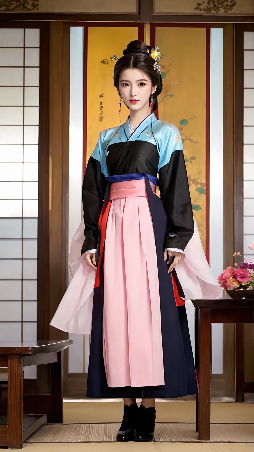 1girl,solo,hanbok,korean clothes,table,brown hair,full body,black footwear,dress,standing,single hair bun,indoors,looking at viewer,long sleeves,hair ornament,shoes,<lora:仙逆-王林-马良-李慕婉合一:0.73>,