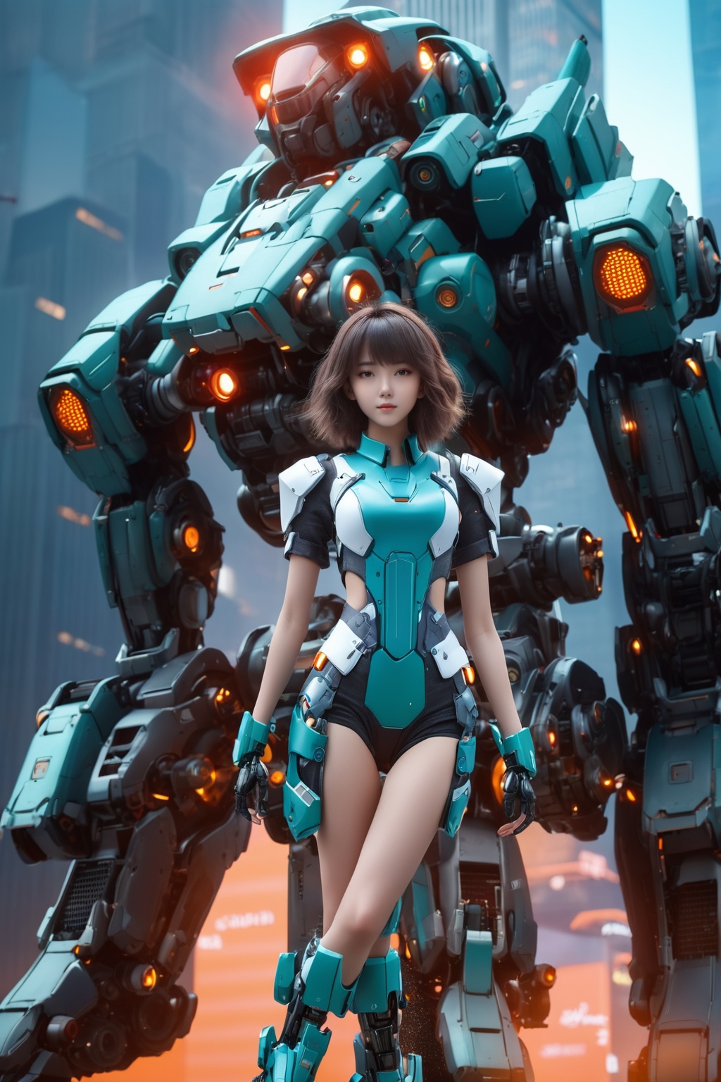 professional 3d model A girl wears a mech suit with a dynamic character,wearing mecha shoes,20 years old,full_shot:1.2,the pose of the character is dynamic,the atmosphere is a bit hazy,to give the scene a dreamy and ethereal quality,2.5D,with a secret mech style,absurdres,detailed,the background in the skyscraper,with green lights and metal versions,with the ruins world,SMOOTH and StreamLined Design,the blue light and red details on the mech,<lora:JA-000010:0.8>, . octane render, highly detailed, volumetric, dramatic lighting