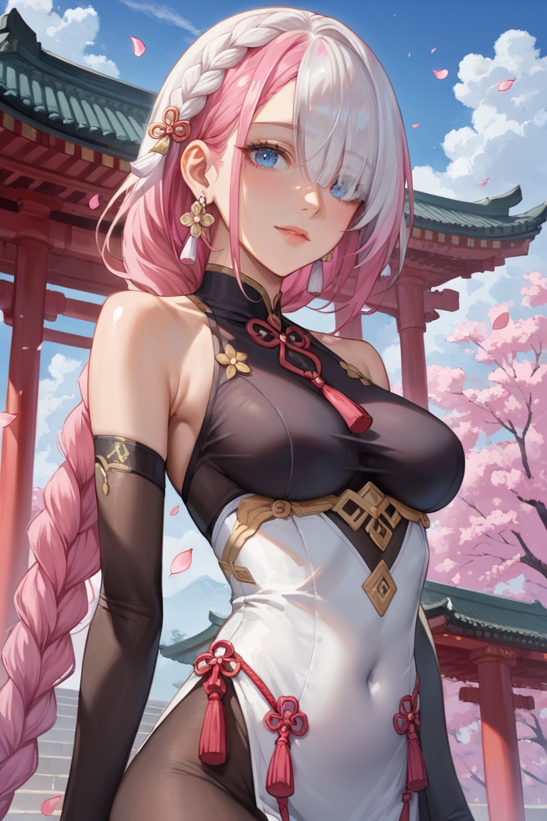 score_9, score_8_up, score_7_up, masterpiece, best quality, absurdres, very aesthetic, source_anime, detailed illustration, 8K UHD, upper body, 1girl, solo, long hair, looking at viewer, blush, bangs, blue eyes, medium breasts, hair ornament, very long hair, closed mouth, ((pink hair and white hair, multicolored hair)), hair over one eye,bare shoulders, white dress, jewelry, standing, flower, earrings, black gloves, elbow gloves, petals, covered navel, ((braided ponytail)), partially fingerless gloves, black bodysuit, outdoors, sky, day, east asian architecture, tassel earrings