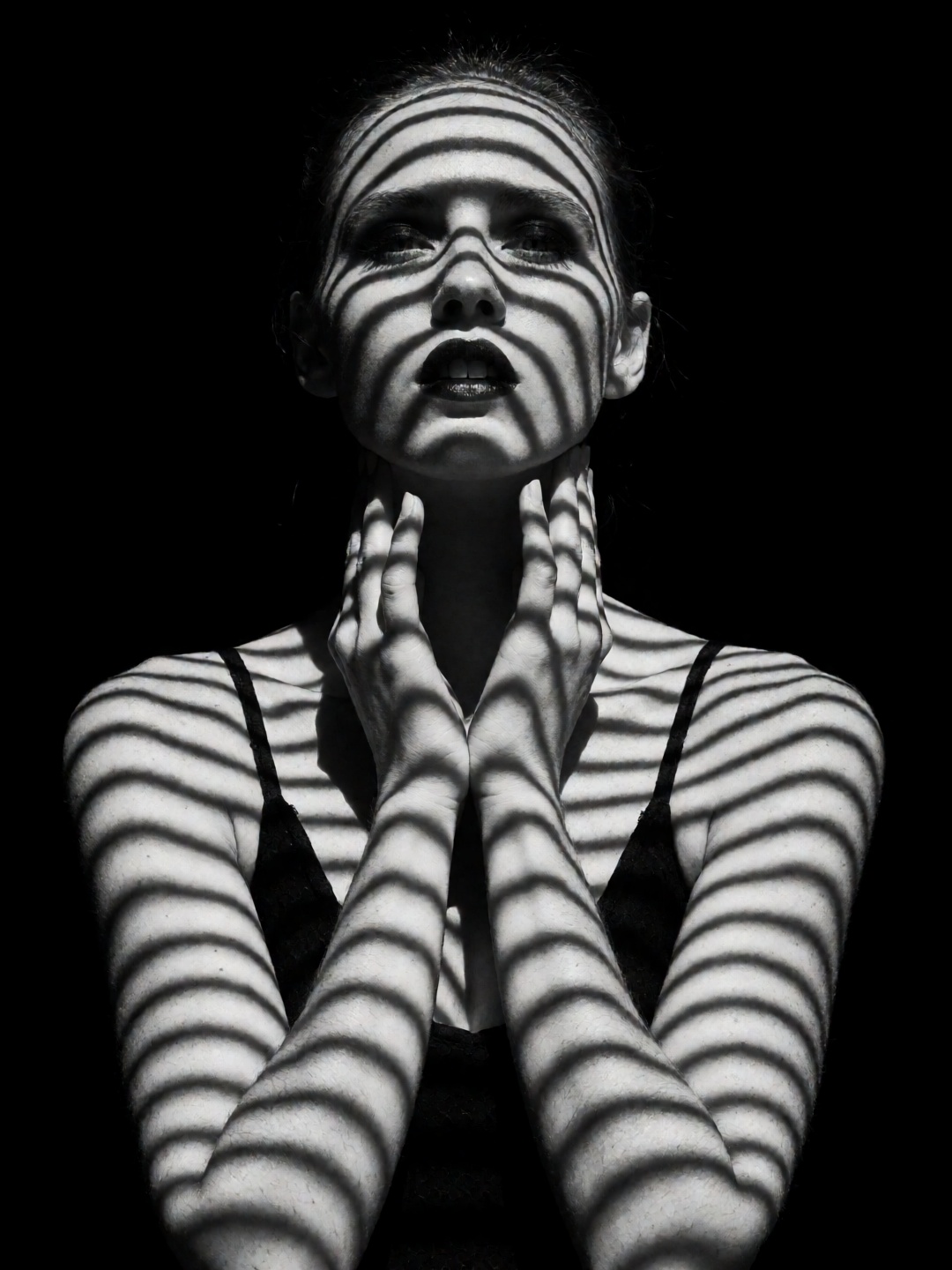 Black and white image,  woman with striped lines. black background on Tensor.Art
