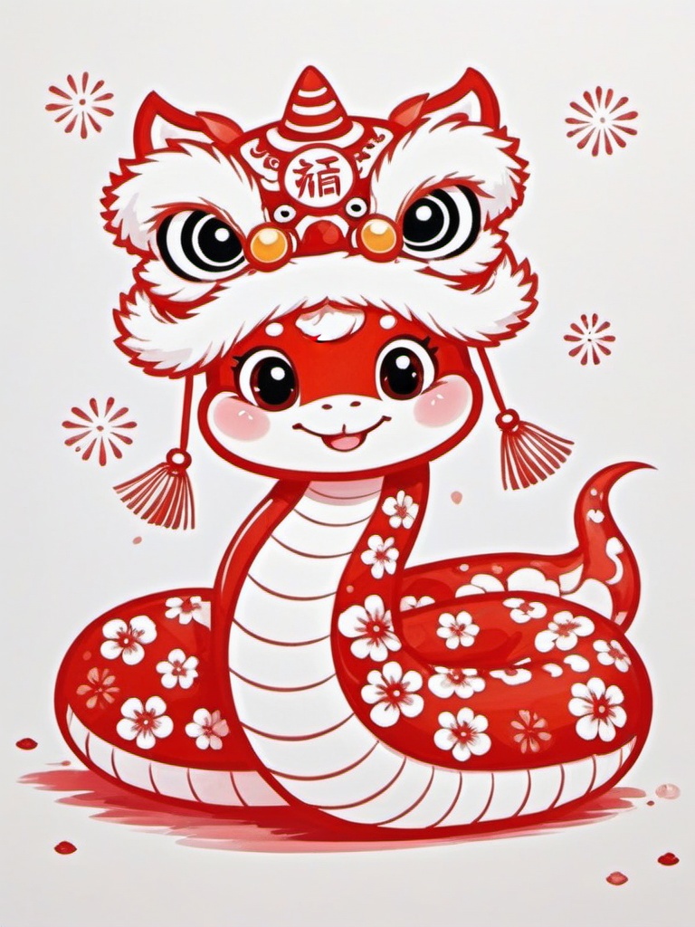 jianzhishe, paper cutting,A cute, cartoonish red snake with big, round eyes and a big, happy grin rocks a traditional Chinese dragon headpiece. Its body is decked out with red and white floral patterns. The background is plain white, making the vibrant red design pop. The snake's got a little red firework shooting out from its tail, adding a festive vibe.,<lora:jianzhishe_v1:0.8>