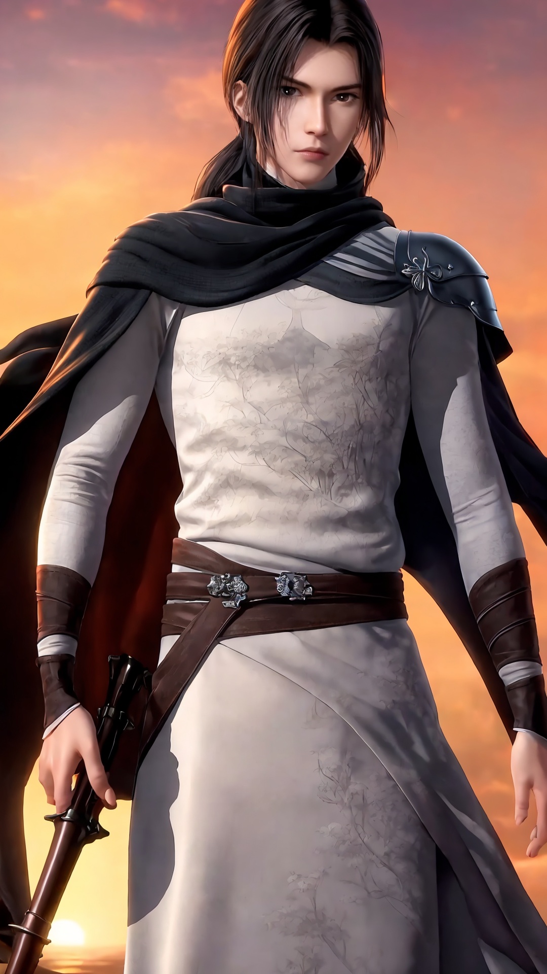 solo,1boy,male focus,armor,black hair,cape,looking at viewer,<lora:Ge Nie man Boy Handsome boy swordsman_20240829181204:0.8>,mid_shot,cowboy_shot,china_dress,sunset,the top of the hill,