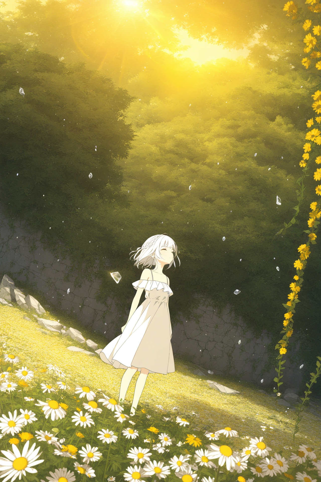 (masterpiece),(best quality),illustration,ultra detailed,hdr,Depth of field,(colorful),loli,yellow theme,the setting sun,Chamomile,Chamomile,cornflower,vines,forest,ruins,lens flare,hdr,Tyndall effect,damp,wet,1girl,bare shoulders,broken glass,broken wall,white hair,white dress,closed mouth,constel lation,flat color,braid,blinking,white robe,float,closed mouth,constel lation,flat color,looking up,standing,medium hair,standing,solo,