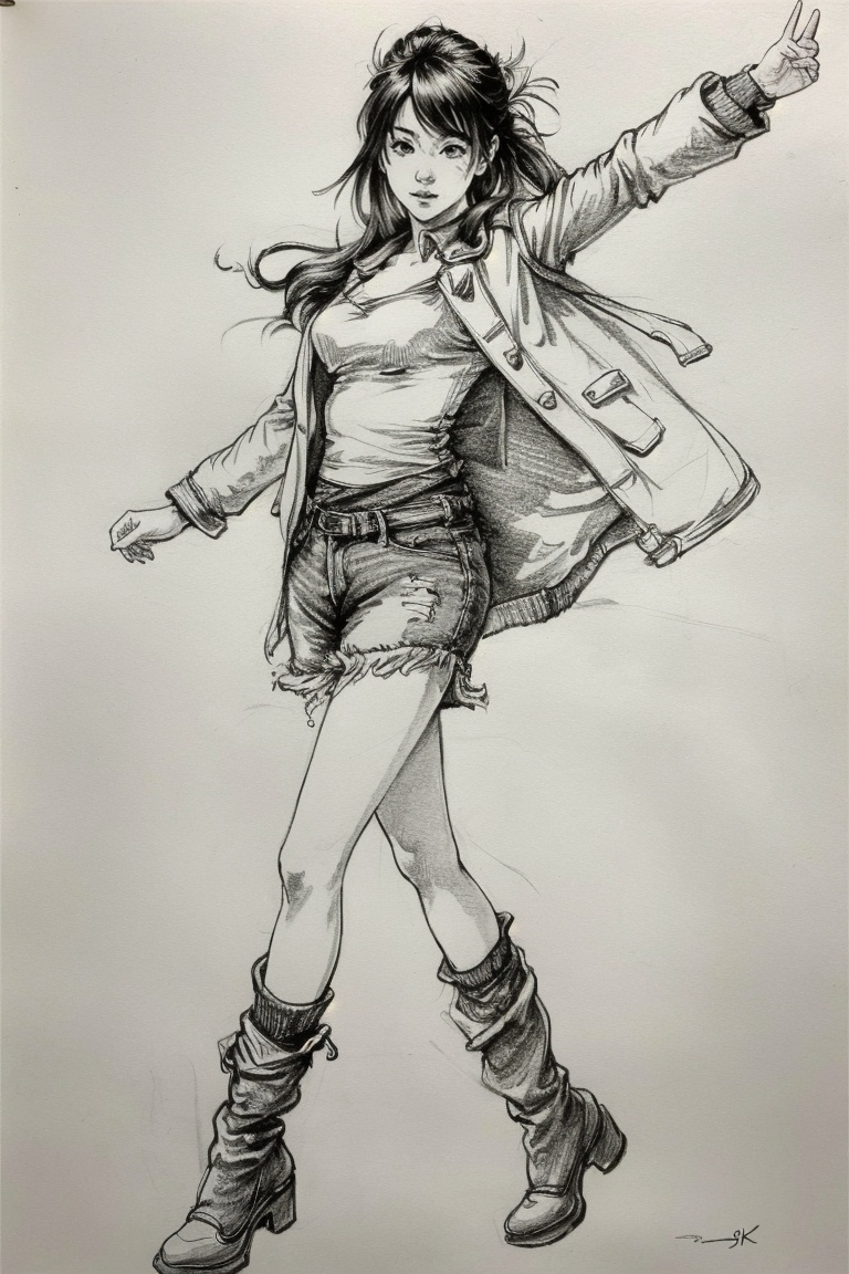 ((HRD, HUD, 8K)),((masterpiece, best quality)), highly detailed, soft light,Sketch, 1girl, monochrome, solo, traditional media, leg warmers, shorts, breasts, greyscale, full body, japanese clothes, walking, jacket,  <lora:20240413-1712999239990:0.8>