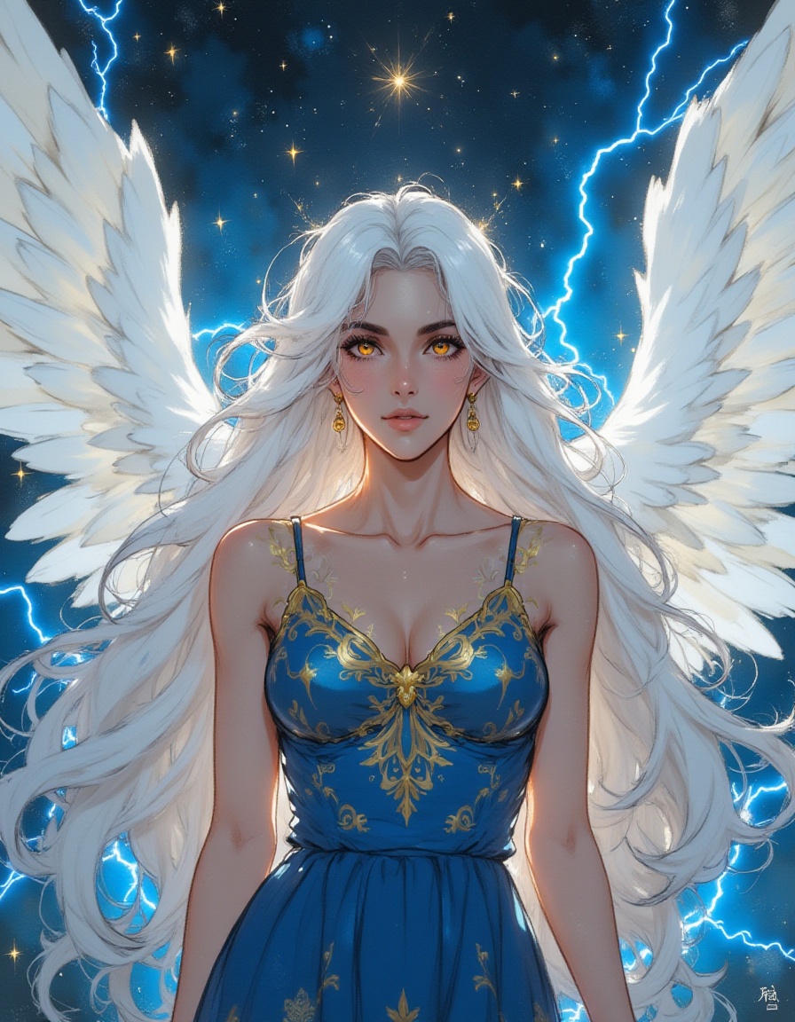 A digital illustration shoot from a frontal camera angle about an angel with long white hair and large white wings, standing in the middle of the image, wearing a blue and gold dress with a plunging neckline and intricate patterns. the angel appears to be looking directly at the viewer with a serene expression, her golden eyes gleaming with a soft glow. her long, flowing white hair cascades down her back, framing her face and accentuating her delicate features. the background is a dark, starry night sky filled with bright, glowing lightning effects, adding to the ethereal atmosphere of the scene. the woman's dress is sleeveless, revealing her bare shoulders and medium-sized breasts, and she is wearing earrings, adding a touch of elegance to her overall appearance.,<lora:手工绘画风(1):1>,