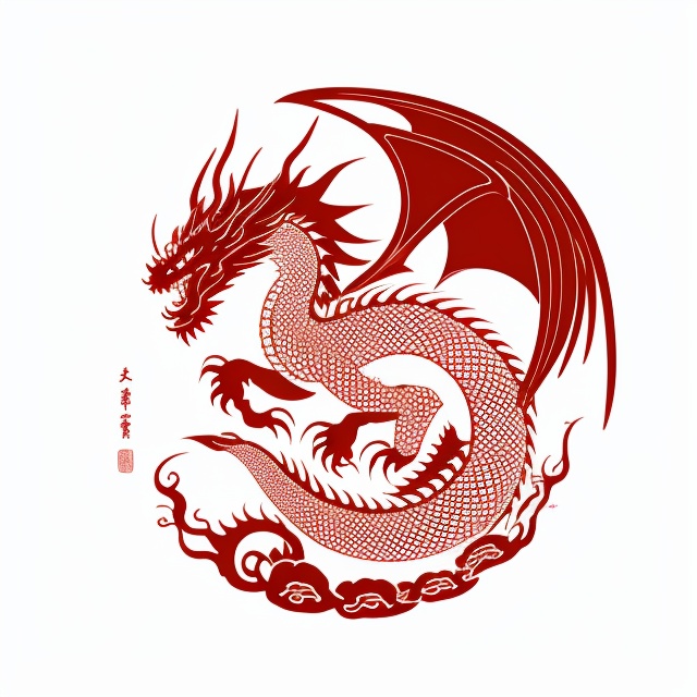 dragon pattern, flat, white background, monochrome, full body, from side, no humans, fangs, red theme, eastern dragon,<lora:lbc_Dragon_pattern:0.4>,