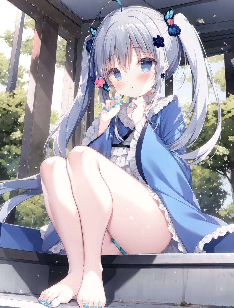 1girl,solo,foot focus,hair ornament,soles,toes,butterfly,feet,no shoes,nail polish,foreshortening,blush,bangs,bug,looking at viewer,gray hair,toeless legwear,toenails,twintails,hair flower,toenail polish,long sleeves,dress,closed mouth,blue nails,