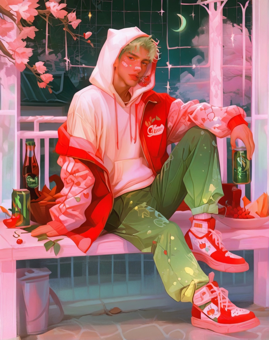 male focus, solo, 1boy, ankle_cuffs, bandaid, bandaid_on_face, bandaid_on_nose, black_eyes, branch, can, cherry, cherry_print, crescent_moon, drink, food, food_print, fruit, fruit_print, gradient_background, green_background, green_hair, green_pants, grid_background, grid_print, holding, holding_can, holding_drink, hood, hood_up, hoodie, jacket, knee_up, male_focus, moon, multicolored_jacket, paneled_background, pants, pink_background, pink_clouds, print_jacket, print_shoes, red_background, red_jacket, red_shoes, shoes, sitting, soda, soda_bottle, sparkle, two-tone_jacket, white_hoodie <lora:BurntSugar:1>
