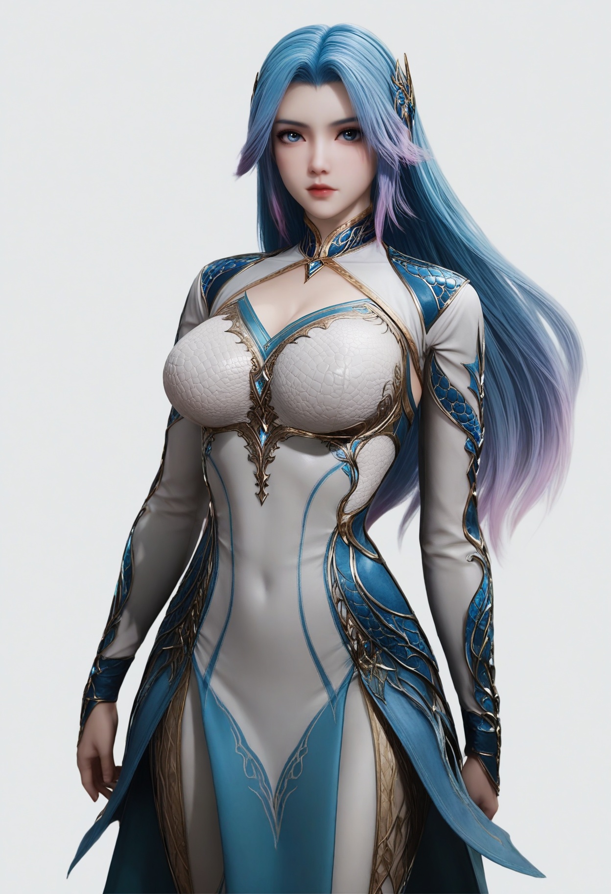 score_9,<lora:SF_WangQiuEr_Pony_Realism2.3-000004:0.7>,1girl,solo,armor,large breasts,blue hair,blue eyes,hair ornament,standing,long hair,gradient hair,two-tone hair,fair_skin,white_skin,Ivory_skin,looking at viewer,white background,