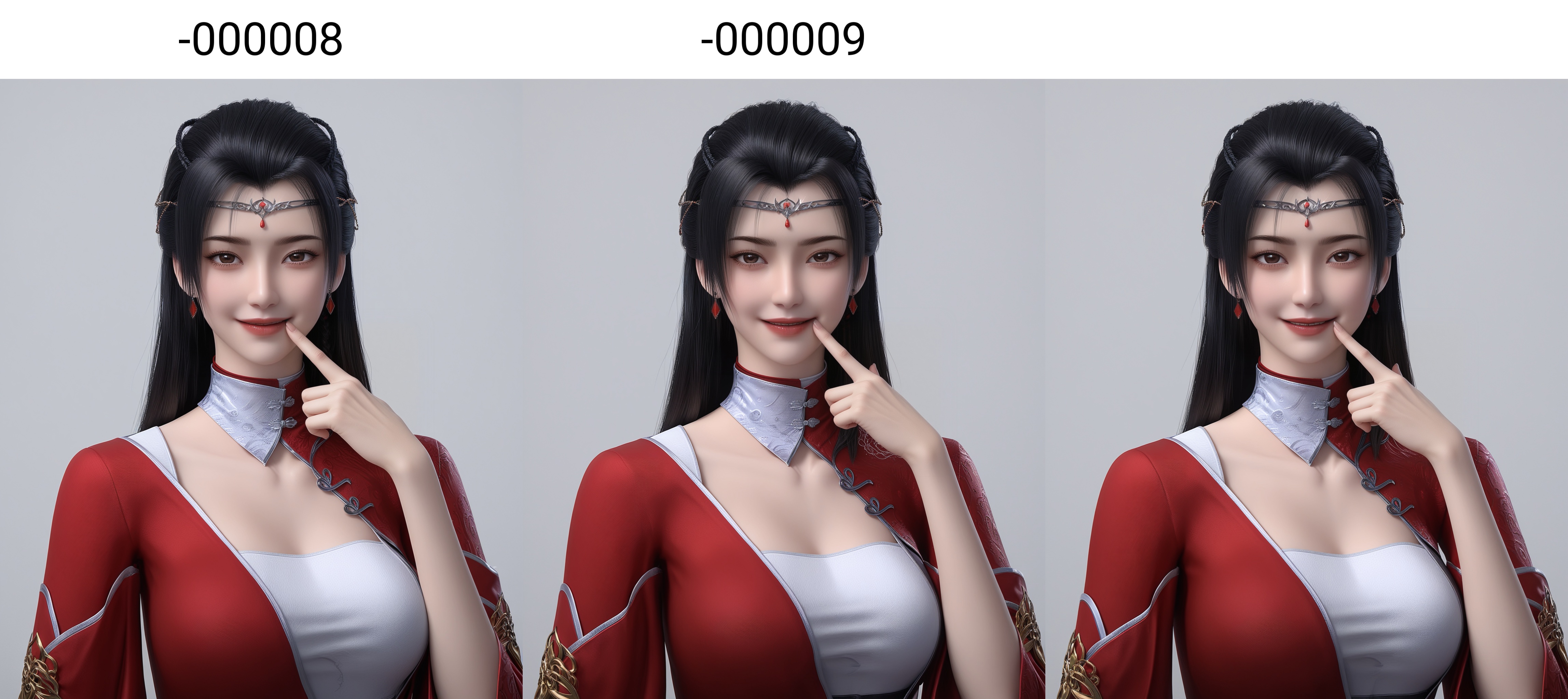 masterpiece,best quality,absurdres,highres,BREAK(glamor:1.1),slender,1girl,solo,<lora:流风霜ill-000008:0.83>,long hair,black hair,hair ornament,jewelry,forehead ornament,earrings,white inner top,high collar,red silk robe,diagonal closure,red robe,collarbone,(large breasts),looking at viewer,front view,(fingersmile),eyelid_pull,upper body,BREAKsimple background,white background,rim light,Tyndall effect,Volumetric Lighting,Cinematic Lighting,