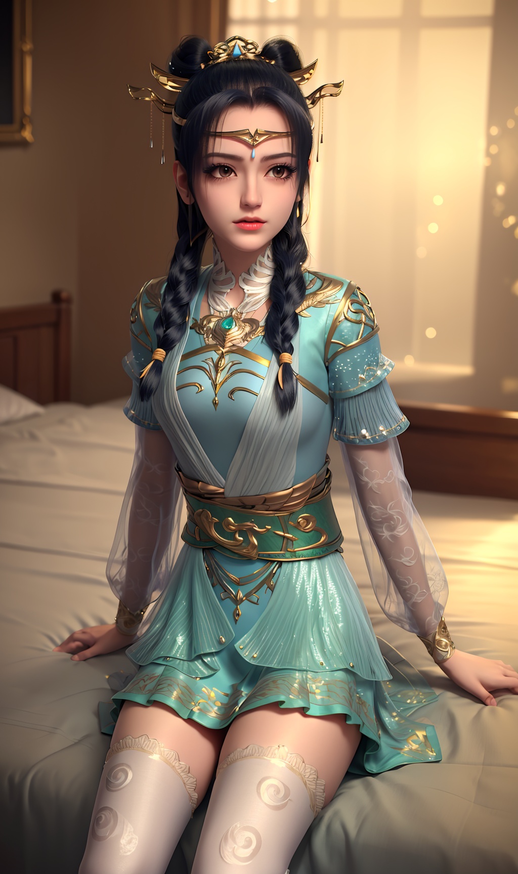 3D,masterpiece,(best quality),(makeup),official art, extremely detailed cg 8k wallpaper,(1girl),((crystalstexture skin)), (extremely delicate and beautiful),(highly detailed),(face),(collar),(twin_braids),(gold_trim),(twintails),(headdress),(forehead_mark),(female_child),, (solo), (jewelry), (earrings),(blue_hair),(long_hair),(hair_ornament),(handwear),,(small_breast),(sitting),((upper_body)),(long_legs),(closed_mouth),(skirt),(chinese_clothes),(dress),,(multicolored_clothes),(multicolored_dress),(shiny_clothes),(city,indoor,bed),(sash),(armor),(wristband),(thighhighs),,((looking_at_viewer)),((Facing the camera)),, <lora:hipoly3DModelLora_v10:0.3>