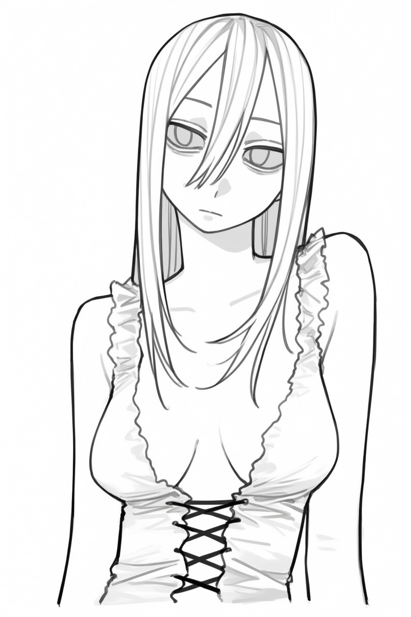 @wwrnst,  The image is a black-and-white drawing of a young woman with long,  straight hair that partially covers her face...