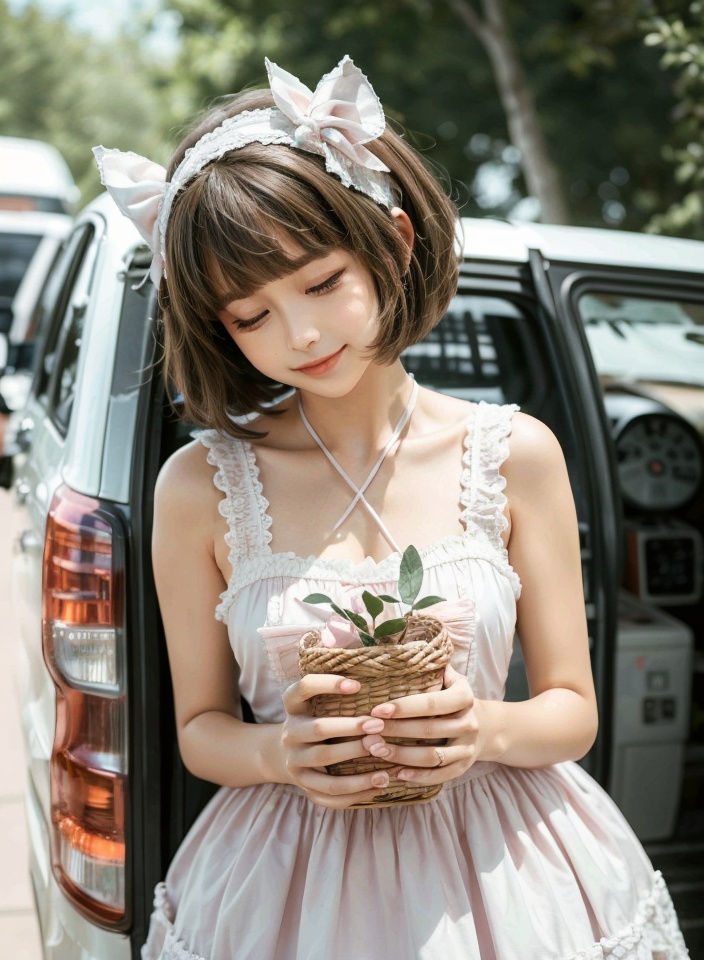 cmmluolita,1girl,dress,one eye closed,solo,white dress,brown hair,smile,bow,blurry,photo background,bangs,basket,hair bow,brown eyes,looking at viewer,hairband,short hair,blunt bangs,halterneck,holding,sleeveless dress,ground vehicle,blurry background,sleeveless,ribbon,head tilt,pink bow,depth of field,lace-trimmed dress,standing,<lora:cmmluolita_20231206091240:0.7>,