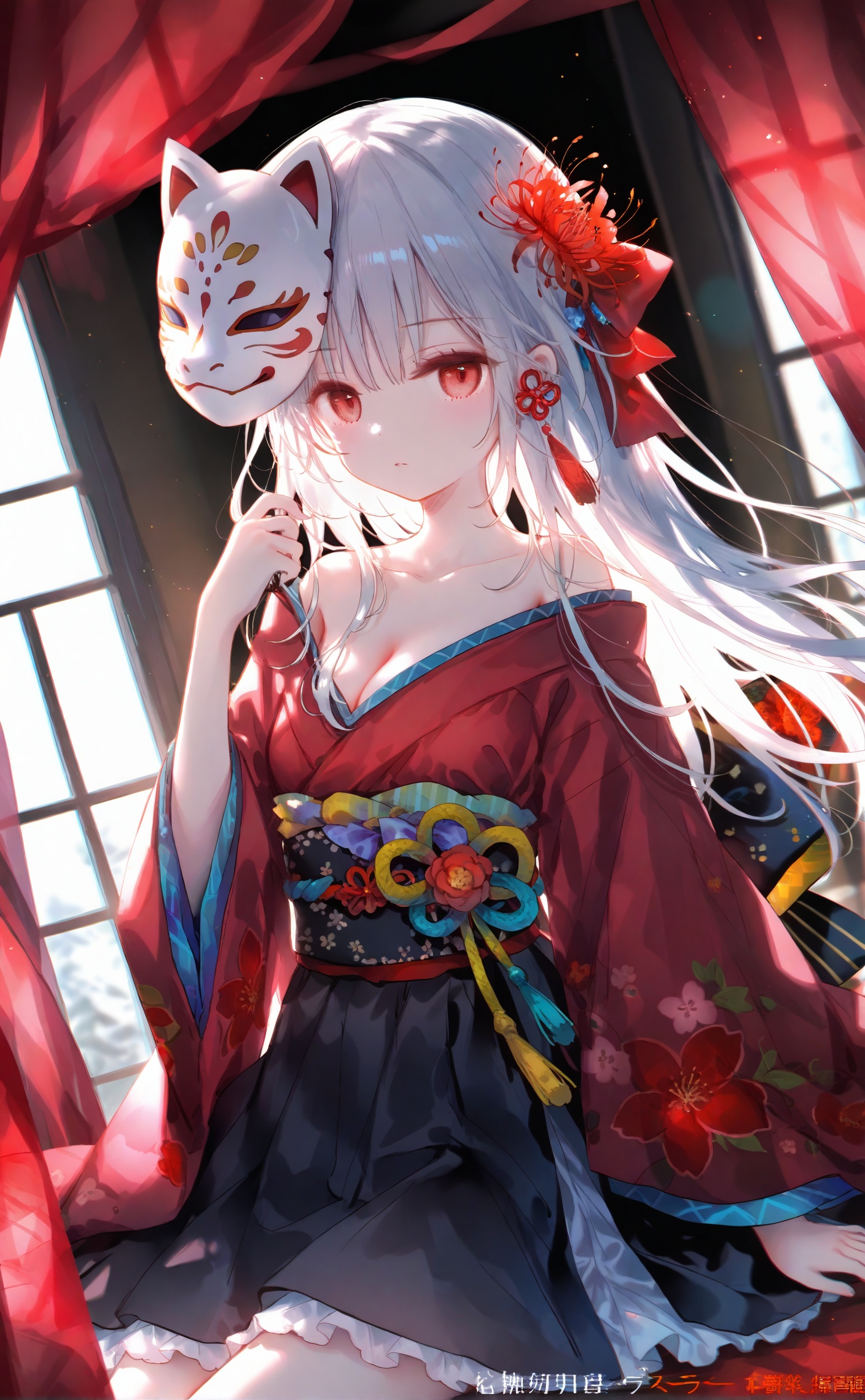 masterpiece,very aware,highres,absurdres,newest,best quality,loli,petite,high quality,chromatic_aberration,cinematic_angle,dutch angle,nyalia,//,artist:ciloranko,artist:ningen_mame,artist:sho_(sho_lwlw),artist:rhasta,artist:wlop,artist:ke-ta,artist:hiten \(hitenkei\),//,1girl, mask, long hair, breasts, solo, flower, white hair, cleavage, spider lily, hair ornament, very long hair, mask on head, tassel, red flower, red kimono, red eyes, oni mask, japanese clothes, hair flower, sash, holding mask, kimono, wide sleeves, large breasts, collarbone, bow, obi, long sleeves, closed mouth, bare shoulders, off shoulder, black skirt, fox mask, unworn mask, hair bow, watermark, dutch angle, skirt, hand up, sitting, artist name, expressionless, holding, english text, ribbon, indoors, red bow, pixiv id, curtains, sidelocks, hair between eyes, pleated skirt, cowboy shot, floating hair, hair ribbon, tassel hair ornament, flower knot, backlighting, medium breasts, blurry, looking at viewer, window, red ribbon, kanzashi, parted lips, frills, obijime, skull<lora:カズ-000040:0.8>,