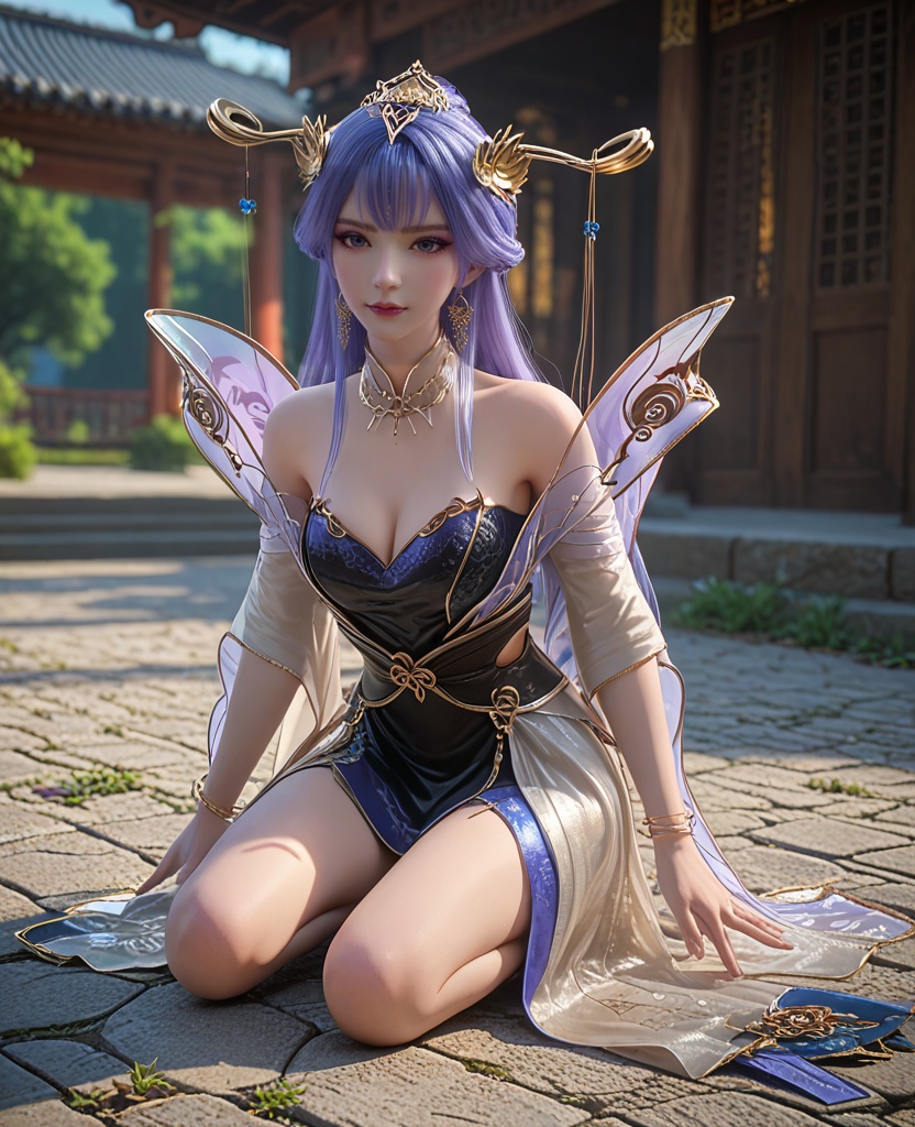 (oriental architecture, elegant decor, sophisticated style:1.1),(Kneeling with one knee on the ground, the other foot raised,:1.1),(breasts:1.2),<lora:XL百炼成神天穹:0.9>,miss tianqiong,jewelry,long hair,hair ornament,bangs,blue hair,dress,earrings,bare shoulders,purple eyeshadow,blue eyes,bracelet,cleavage,boots,detached collar,, zPDXL2, score_9, score_8_up, score_7_up BREAK realistic, masterpiece,best quality, highly detailed,, zPDXL3, zPDXL2,zPDXL, zPDXLxxx, zPDXLrl,