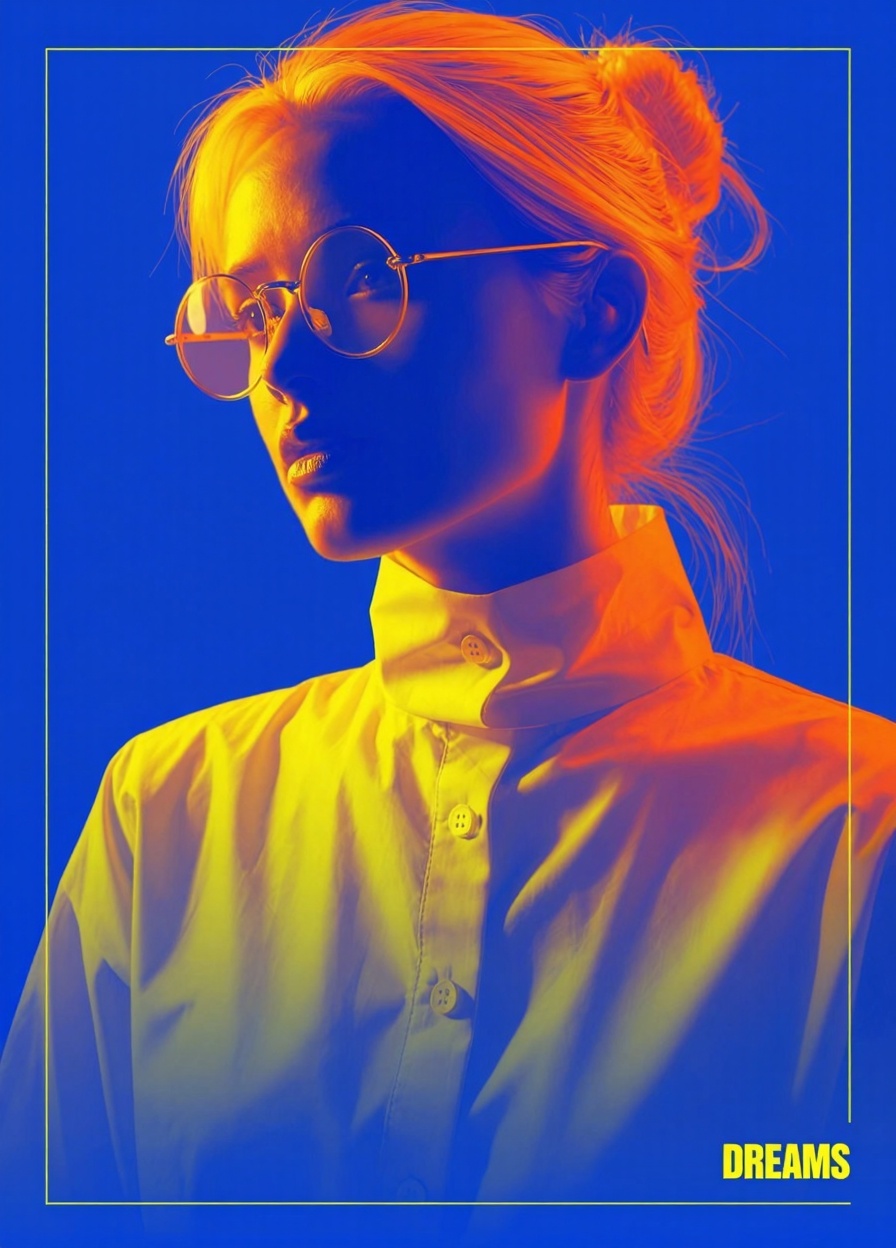 this is a digital artwork in a vibrant,  neon style featuring a young woman with fair skin and blonde hair tied in a messy...