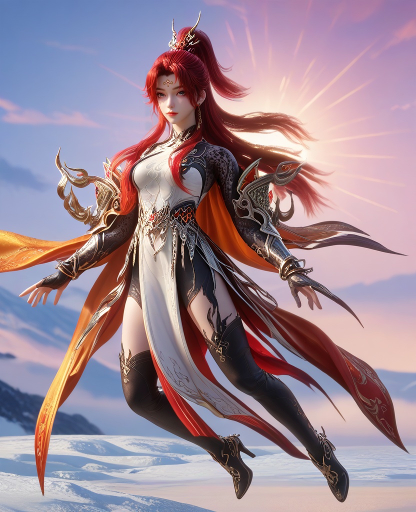 (She lies on her stomach, her feet in the air, drawing in a notebook.:1.1),looking at viewer,(large breasts:1.2),<lora:XL16云深不知梦炽阳华明:0.95>,miss chiyanhuaming,beige panel dress,forehead mark,grey eyes,red hair,half-up high ponytail with long cascading hair,long hair,hair ornament,earrings,jewelry,armguards,sash,orange cape,black gloves,high-heeled thigh boots,, score_9,score_8_up,score_7_up,score_6_up,score_5_up,score_4_up,3d rendering,tag1,tag2, Cinematic Lighting,backlighting,