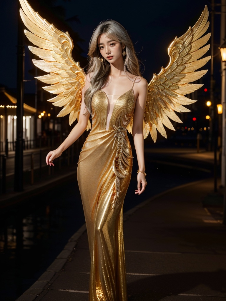 jinyingnvshen,masterpiece,best quality,1girl,exquisite details,set at night by the seaside,white hair,jewelry,<lora:jinyingnvshen-000004:0.7>,exquisite evening dress,small golden wings,