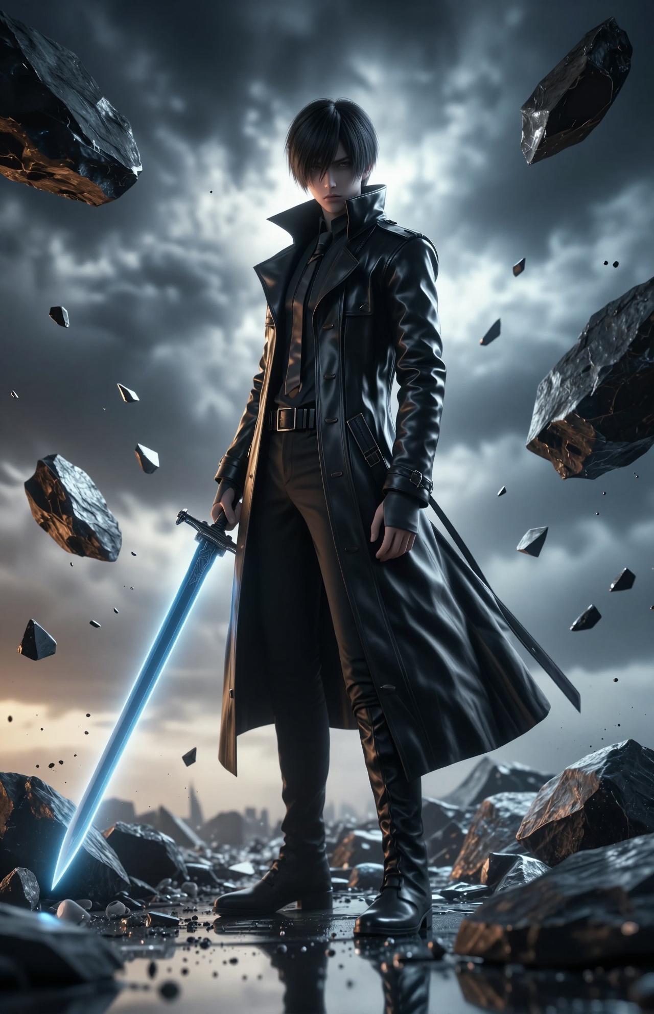 YY Anime style,This is a digital artwork featuring a young male character standing in a dramatic, stormy landscape. The character has short, dark hair and a serious expression. He is wearing a long, black, leather trench coat that reaches his knees, with a high-collared shirt underneath. His pants are black, and he has a belt with a simple buckle. He holds a blue, glowing sword in his right hand, which is the only bright element in the otherwise dark and moody scene.The background is filled with dark, swirling clouds and debris, including shattered stone fragments and shards of ice, which are suspended in mid-air and scattered around him. The sky is a mix of dark grays and blues, with a faint, orange glow on the left side, suggesting either a sunset or a distant explosion. The ground is reflective, mirroring the character and debris.The character's attire and the sword suggest a fantasy or sci-fi setting. The texture of the leather coat is detailed, with visible creases and folds, while the stone fragments and ice shards have a sharp, crystalline appearance. The overall style is realistic with a focus on dramatic lighting and atmospheric effects, creating a sense of tension and impending action.