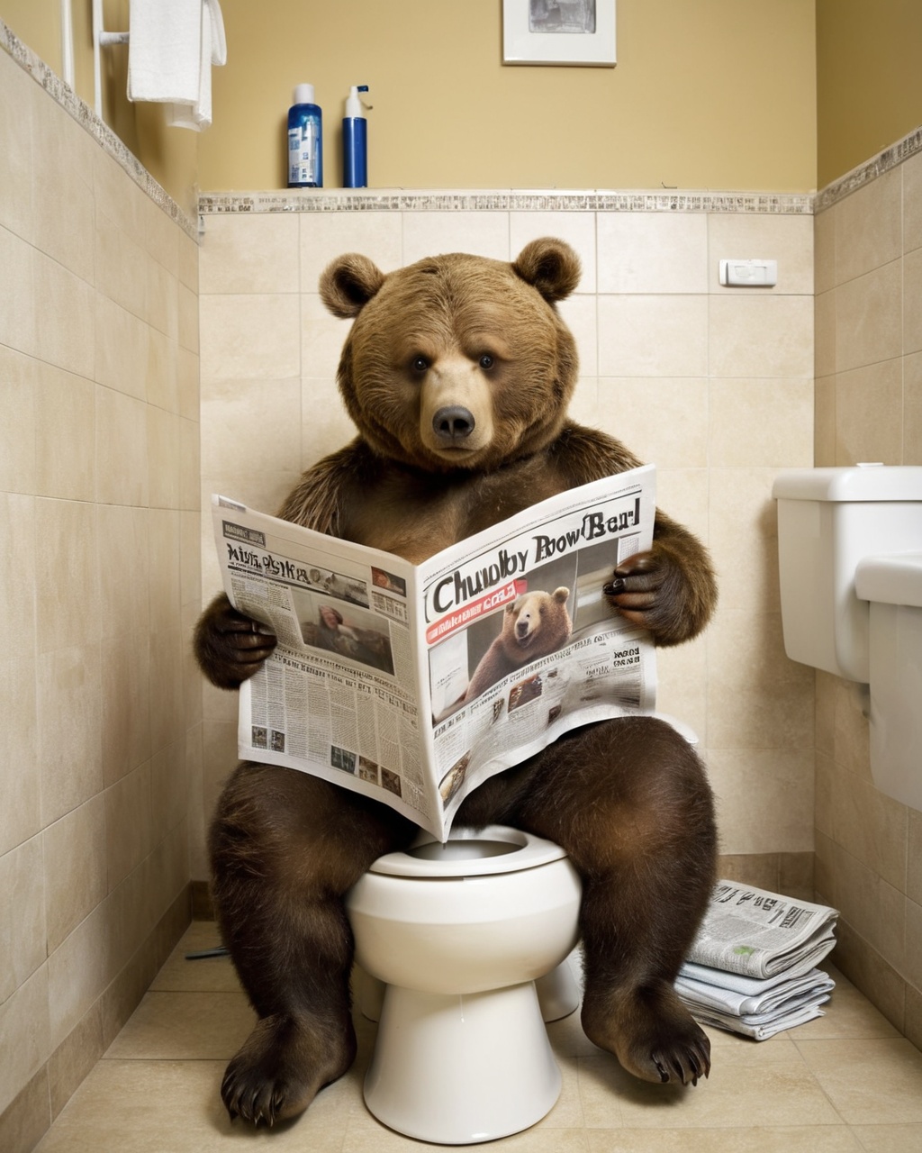 chubby brown bear sitting on toilet and reading newspaper on Tensor.Art