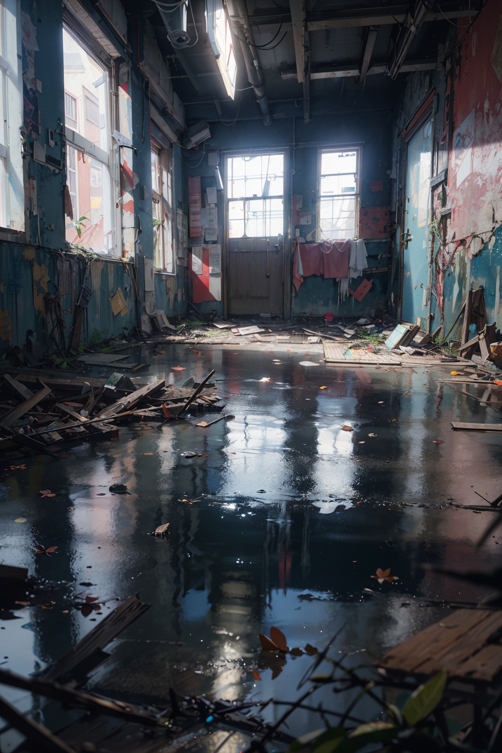 masterpiece,best quality,(ray tracing, reflection light, film grain),dark sky, heavy rain, inside abandoned building, low water level,realistic background,light particle