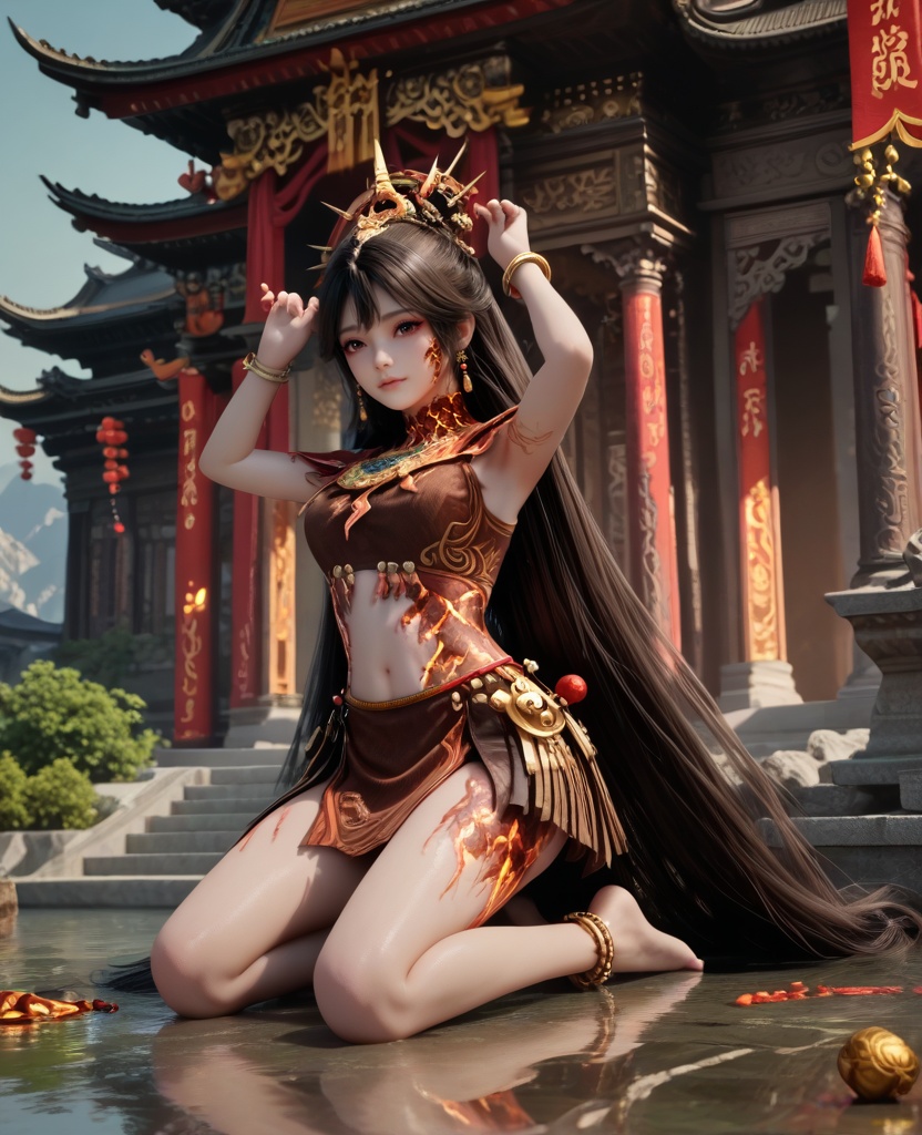(oriental architecture, elegant decor, sophisticated style:1.1),(Kneeling on the ground, hands raised to the sky, looking grateful and connected to nature,:1.1),(breasts:1.2),<lora:XL16牧神记炎晶晶:0.95>,teenage girl,brown crop top,brown eyes,black hair,absurdly long hair,hair ornament,bracelet,lava skin,brown skirt,faulds,, score_9,score_8_up,score_7_up,score_6_up,score_5_up,score_4_up,3d rendering,tag1,tag2, Cinematic Lighting,backlighting,