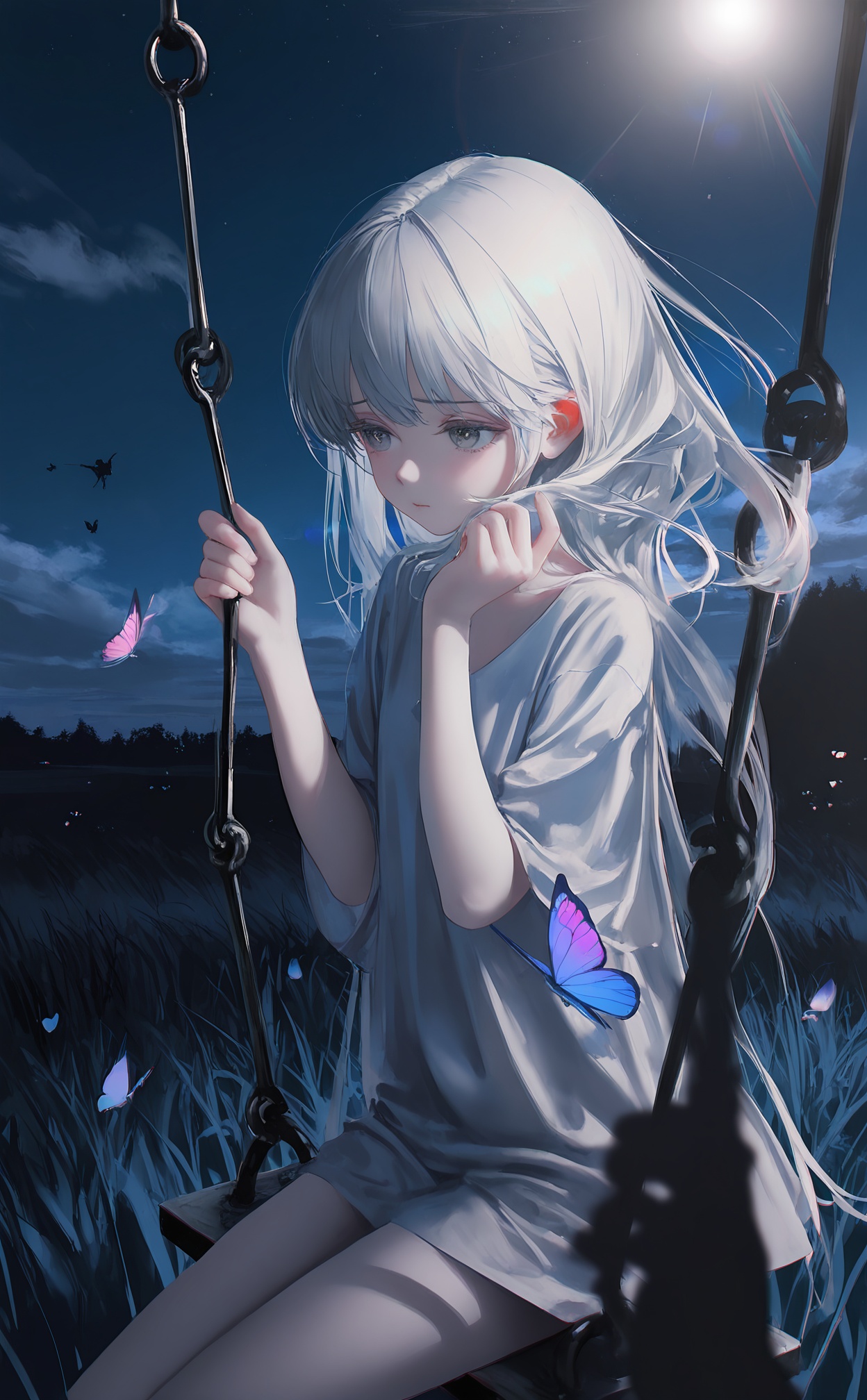 masterpiece,absurdres,best quality,(high quality:0.9),chromatic_aberration,Night,darkness,black theme,shy,embarrass,endured_face,//,1girl,loli,solo focus,cowboy shot,hands up,white hair,grey eyes,pale skin,portrait,long hair,sitting,outdoors,sky,cloud,grass,(bug:0.6),star \(sky\),(butterfly:0.6),night sky,starry sky,blue theme,grey theme,swing,chiaroscuro,NDAN_ZSL,usnr,masterpiece,best quality,newest,highres,absurdres,incredibly absurdres,//,(monochrome:1.2),(silhouette:1.2),oil painting \(medium\),brushstroke,taitai,(maccha (mochancc):0.6),(suzumi (ccroquette):0.7),(wlop:0.6),(reoen:0.6),(tianliang duohe fangdongye:0.7),(rhasta:0.6),very awa,very aesthetic,extreme aesthetic,//,highres,HDR,8K,high contrast,illustration,depth of field,(colorful),Tyndall effect,contrast,lens flare,