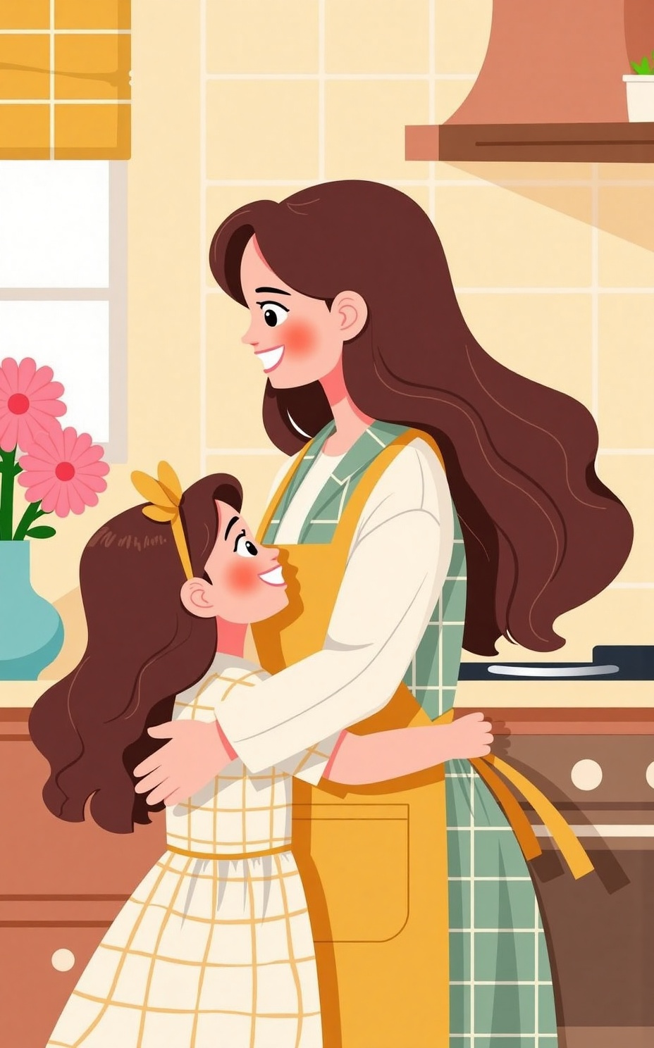 Mother's Day illustration elements, A digital illustration depicts a mother with long brown hair and a yellow apron, hugging a young girl with long brown hair in a white and plaid dress. They stand in a cozy kitchen with beige tiles, a stove, and a vase of pink flowers. 