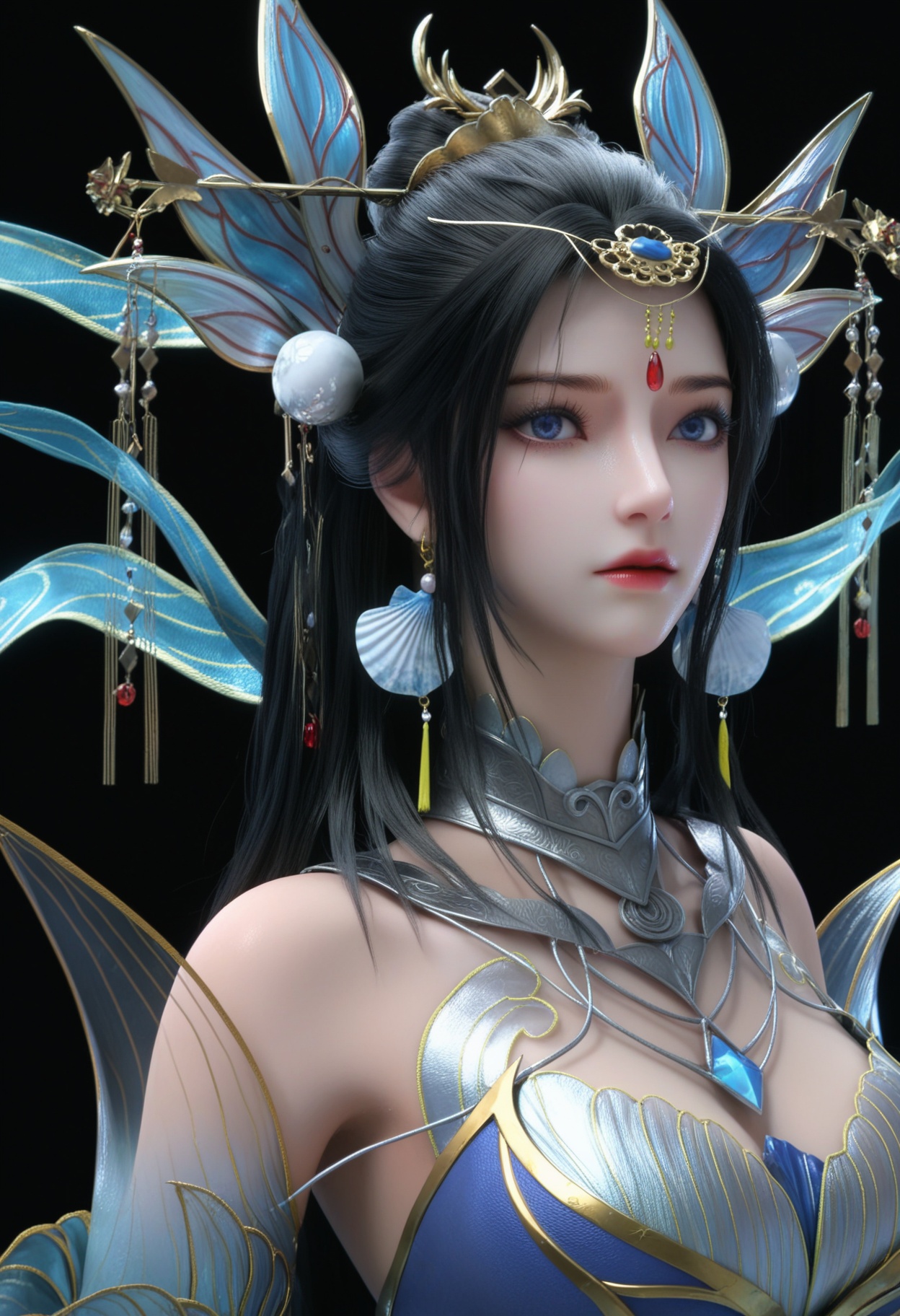 (upper_body:1.2),score_9,score_8_up,masterpiece,(best quality),intricate details,facing viewer,(looking at viewer:1.1),<lora:YQ_pony_chuxuan_V4:0.8>,q1528437228,1girl,solo,hair ornament,black hair,long hair,jewelry,dress,earrings,blue dress,chinese clothes,detached sleeves,blue eyes,sash,necklace,high heels,hair bun,tiara,blue footwear,brown hair,forehead mark,wide sleeves,long sleeves,pantyhose,ponytail,detached collar,collar,thighs,gold footwear,BREAK(score_9:1.2),(score_8_up:1.2),masterpiece,best quality,very aesthetic,perfect anatomy,(hourglass),perfect face,(simple background,pure black background,black background:1.1),fair_skin,(shiny_skin:1.1),Ivory_skin,