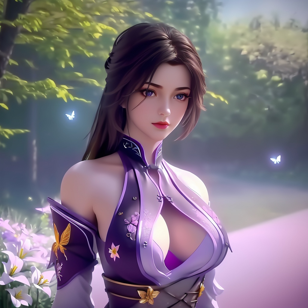 <lora:779-DA-绝世战魂-楚云:0.8>, (,1girl, ,best quality, ),looking at viewer,  ,ultra detailed 8k cg,ultra detailed background,ultra realistic 8k cg,1girl, solo,(bare shoulders:0.85),(masterpiece, best quality),((oil painting style)),sexy young lady,(beautiful face and eyes),(upper body:1.5),(whole body:1.05),(single person:1.2),surrounded by flowers, (lily), roses, floret, vegetation, white, purple, purplish pink,Impressionism,colorful,(Breast size:1.3),(cleavage),, butterfly,