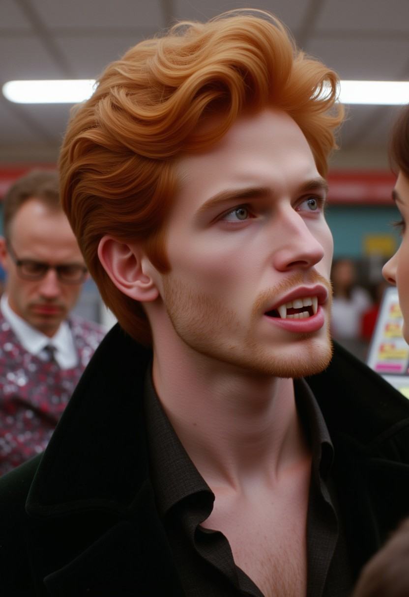 Vampyfangs1. a film still photo. 35mm. 4k. From a 2003 movie. A ginger beared ginger haired vampire man with fangs is talk...