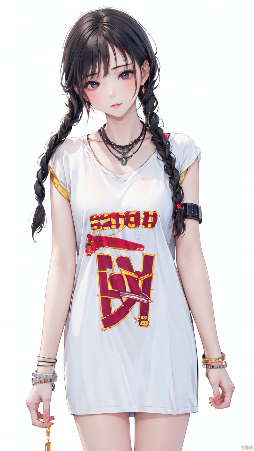 1girl, solo, long hair, black hair, white background, dress, , jewelry, necklace, twin braids, bracelet, clothes writing<lora:EMS-431932-EMS:0.800000>, <lora:EMS-254762-EMS:0.400000>