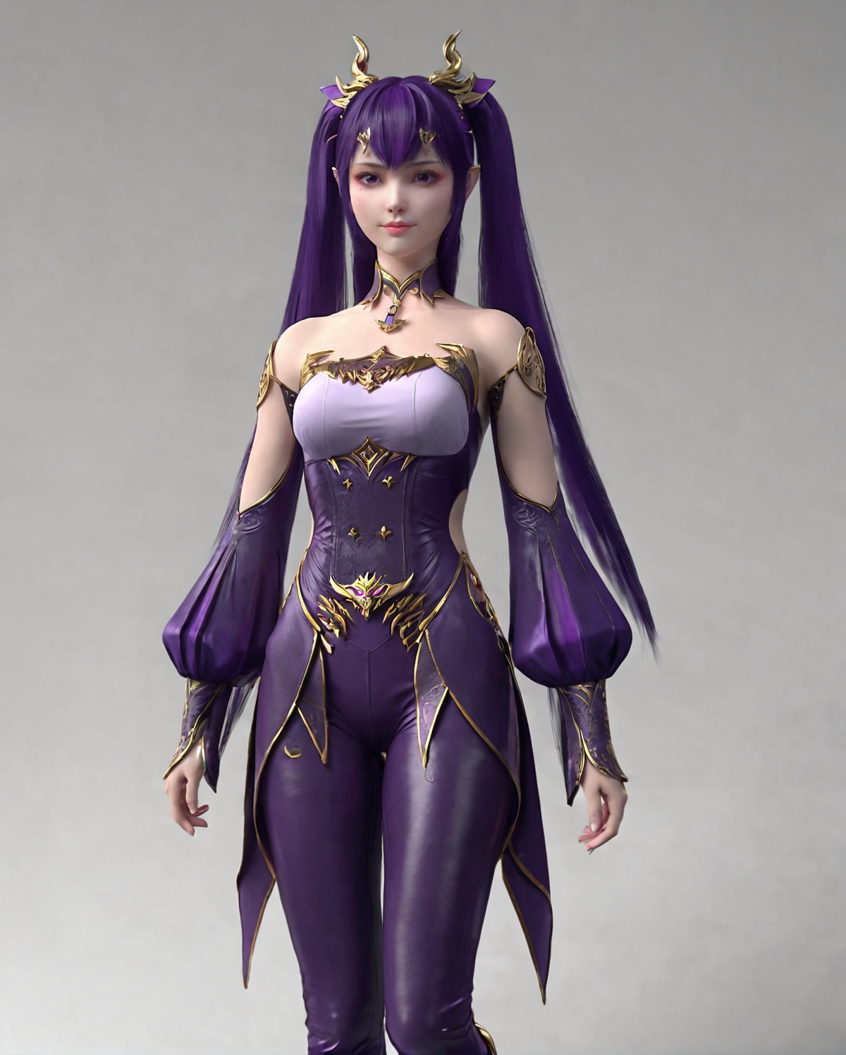 <lora:SF_DaZiYan_Pony_Realism-000004:0.7>,1girl,solo,dress,bangs,purple hair,twintails,leather pants,detached sleeves,hair ornament,standing,looking at viewer,white background,
