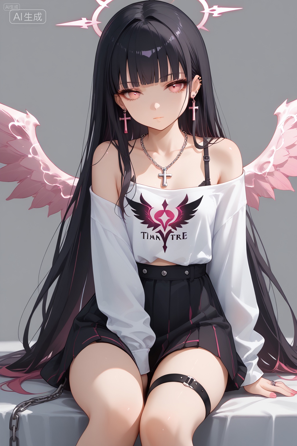 1girl,solo,long hair,breasts,looking at viewer,bangs,shirt,black hair,long sleeves,bare shoulders,jewelry,sitting,very long hair,closed mouth,white shirt,earrings,small breasts,wings,blunt bangs,pink eyes,necklace,off shoulder,nail polish,fingernails,thigh strap,glowing,chain,halo,piercing,ring,cross,black bra,ear piercing,pink nails,yokozuwari,chain necklace,highly detailed,ultra-high resolution,32K UHD,sharp focus,best-quality,masterpiece,Emotionalization,golden hour,unconventional supreme masterpiece,masterful details,temperate atmosphere,with a high-end texture,in the style of fashion photography,magazine cover,, Negative prompt: (worst quality, low quality, very displeasing, lowres),(interlocked fingers, badly drawn hands and fingers, anatomically incorrect hands),blurry,watermark,,nsfw, Steps: 30, Sampler: Euler a, CFG scale: 5.0, Seed: 1870736257, Size: 1024x1536, Model hash: a3aeb59bbf, Model: 星美pony_写实动漫插画大模型_1.0.safetensors, Denoising strength: 0.0, Clip skip: 2, ENSD: 31337, RNG: CPU, vae_name: automatic