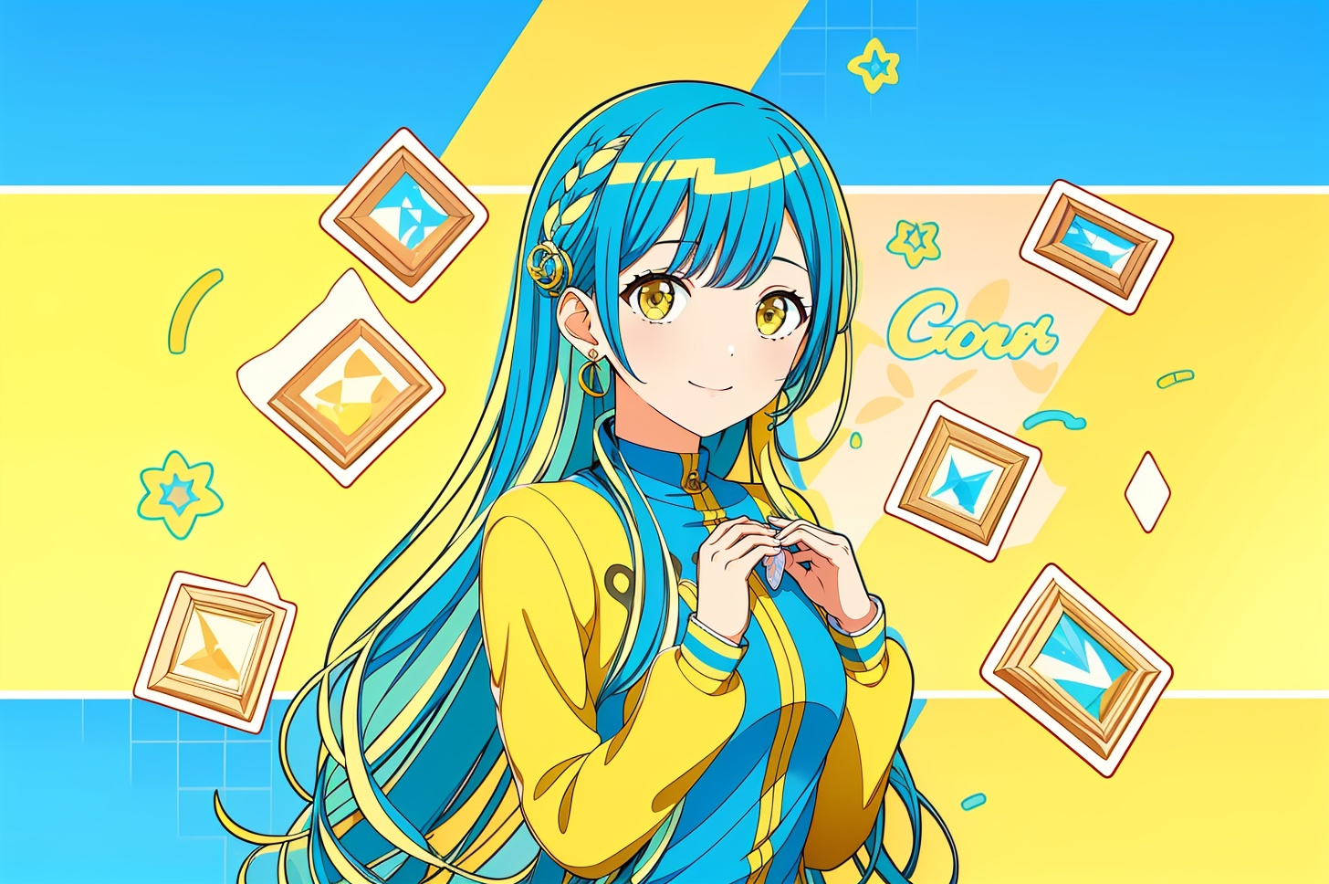 masterpiece,best quality,ultra-detailed,<lora:这应该是个壁纸Lora:1.1>,1girl, qingsha,,yellow blue theme,standing ,upper body, looking at viewer,long colorful hair,(((masterpiece,best quality))),((good structure,Good composition,good atomy)), ((clear, original,beautiful))