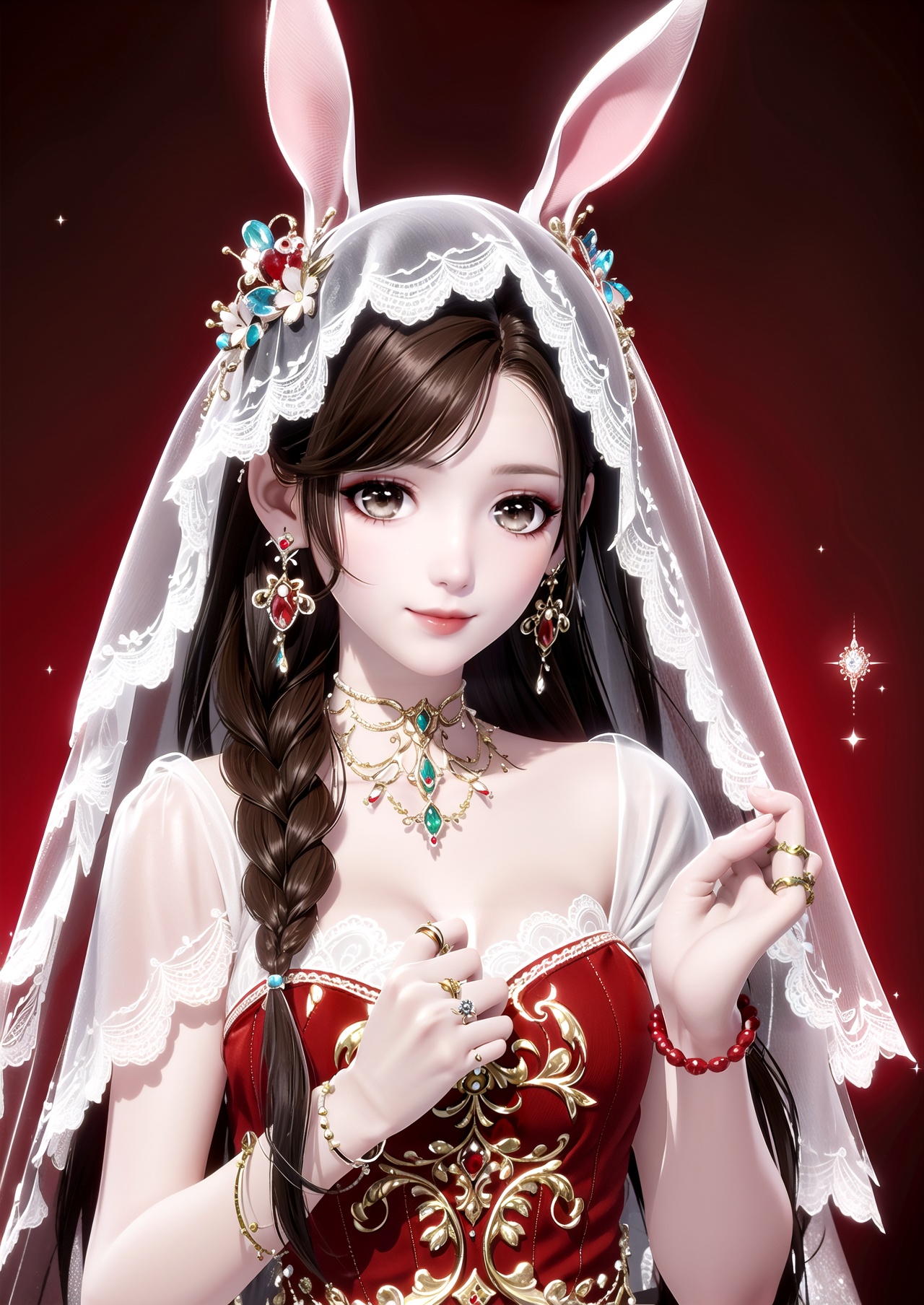 masterpiece,best quality,1girl,jewelry,solo,ring,rabbit ears,animal ears,gem,braid,long hair,earrings,bracelet,hair ornament,upper body,smile,black hair,holding,looking at viewer,veil,brown hair,single braid,dress,red background,lips,closed mouth,