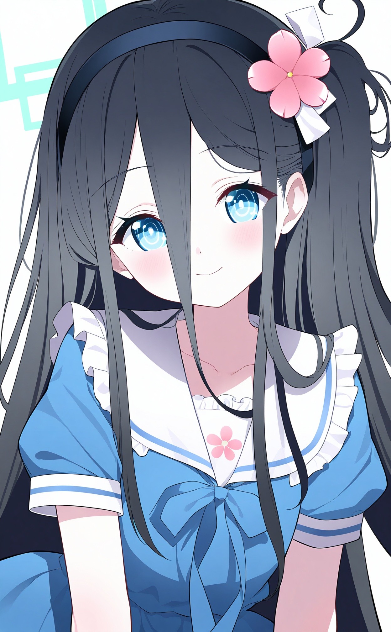 masterpiece,best quality,high quality,1girl, aris_\(blue_archive\), solo, halo, long_hair, blue_eyes, smile, hair_flower, black_hair, flower, looking_at_viewer, hair_ornament, simple_background, white_background, dress, blue_dress, very_long_hair, hairband, hair_between_eyes, closed_mouth, one_side_up, blush, collarbone, pink_flower, upper_body, short_sleeves, leaning_to_the_side, alternate_costume, long_bangs, frills, sailor_collar//,<lora:BA——【noob】hans:1>,