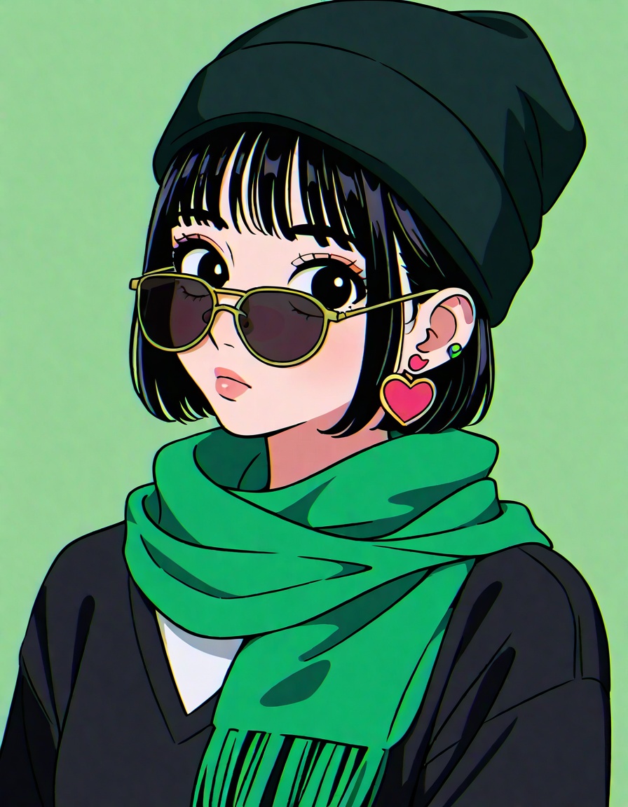 1girl,black hair,jewelry,beanie,earrings,scarf,solo,green background,hat,sunglasses,heart,green scarf,simple background,heart earrings,upper body,short hair,bangs,looking at viewer,black eyes,