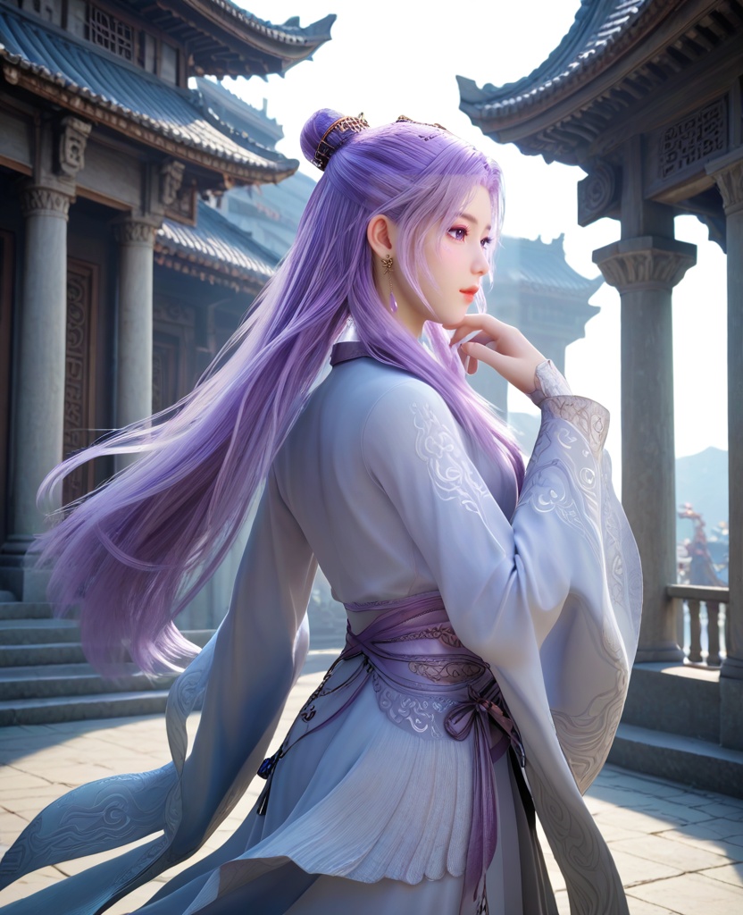 (oriental architecture, elegant decor, sophisticated style:1.1),(Hands on the back of the head, looking casual:1.1),(breasts:1.2),<lora:XL师兄啊云霄:0.95>,miss yunxiao,chinese clothes,purple hair,purple eyes,a mark under the left eye,single hair bun,long sleeves,earrings,hairpin,sash,, score_9,score_8_up,score_7_up,score_6_up,score_5_up,score_4_up,3d rendering,tag1,tag2, Cinematic Lighting,backlighting,