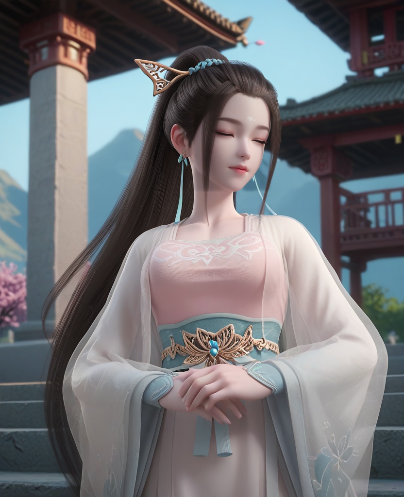 (oriental architecture, elegant decor, sophisticated style:1.1),(sleeping:1.1),(breasts:1.2),<lora:XL16妖神记应月茹:0.95>,miss yingyueru,see-through overdress,pink camisole,brown eyes,forehead mark,black hair,high ponytail,very long hair,hair ornament,sash,light blue maxi skirt with slit,wide sleeves,white thighhighs,, score_9,score_8_up,score_7_up,score_6_up,score_5_up,score_4_up,3d rendering,tag1,tag2, Cinematic Lighting,backlighting,