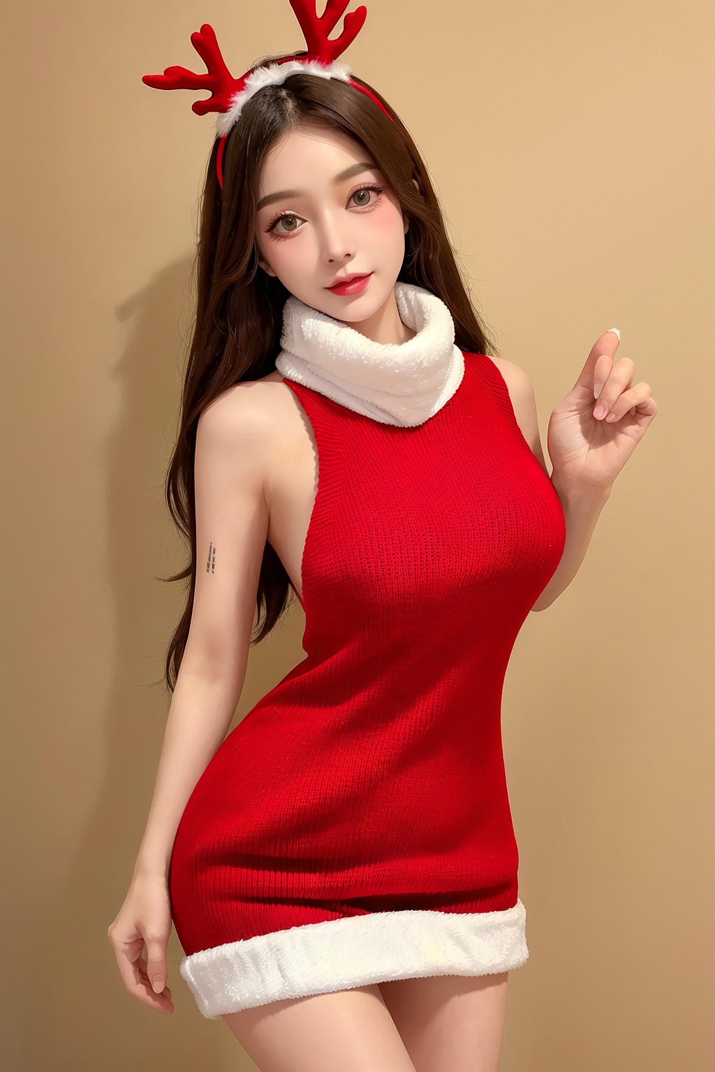 christmas uniforms,1girl,solo,realistic,long hair,looking at viewer,<lora:dt-000003:0.6>,sweater,standing,medium breast,breast,shoulder,red dress,