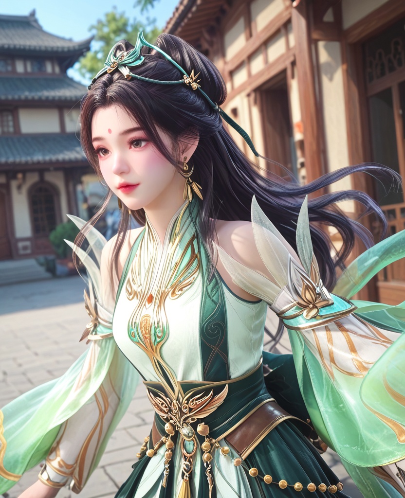 (oriental architecture, elegant decor, sophisticated style:1.1),(gymnastics parallel bars dismount:1.1),(breasts:1.2),<lora:XL师兄啊龙吉公主:0.95>,princess longji,dress,forehead mark,black hair,hair bun,hair ornament,long hair,earrings,jewelry,black sash,see-through sleeves,detached sleeves,tassel,, score_9,score_8_up,score_7_up,score_6_up,score_5_up,score_4_up,3d rendering,tag1,tag2, Cinematic Lighting,backlighting,