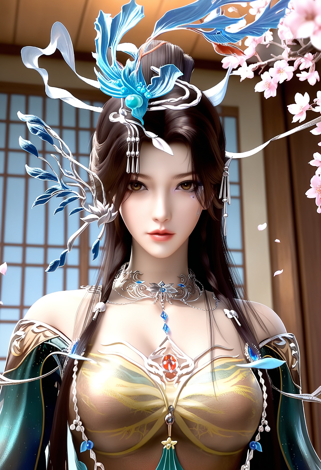 masterpiece,best quality,amazing quality,high resolution,ultra-detailed,absurdres,(looking at viewer:1.1),upper body,indoors,(moody lighting:1.1),peach blossom,falling petals BREAK large breasts,yunwangshu,1girl,solo,long hair,jewelry,hair ornament,black hair,dress,necklace,brown hair,facial mark,brown eyes,hair bun,chinese clothes,mole under eye BREAK photorealistic details,<lora:QQSillyunwangshuV1:0.8>,