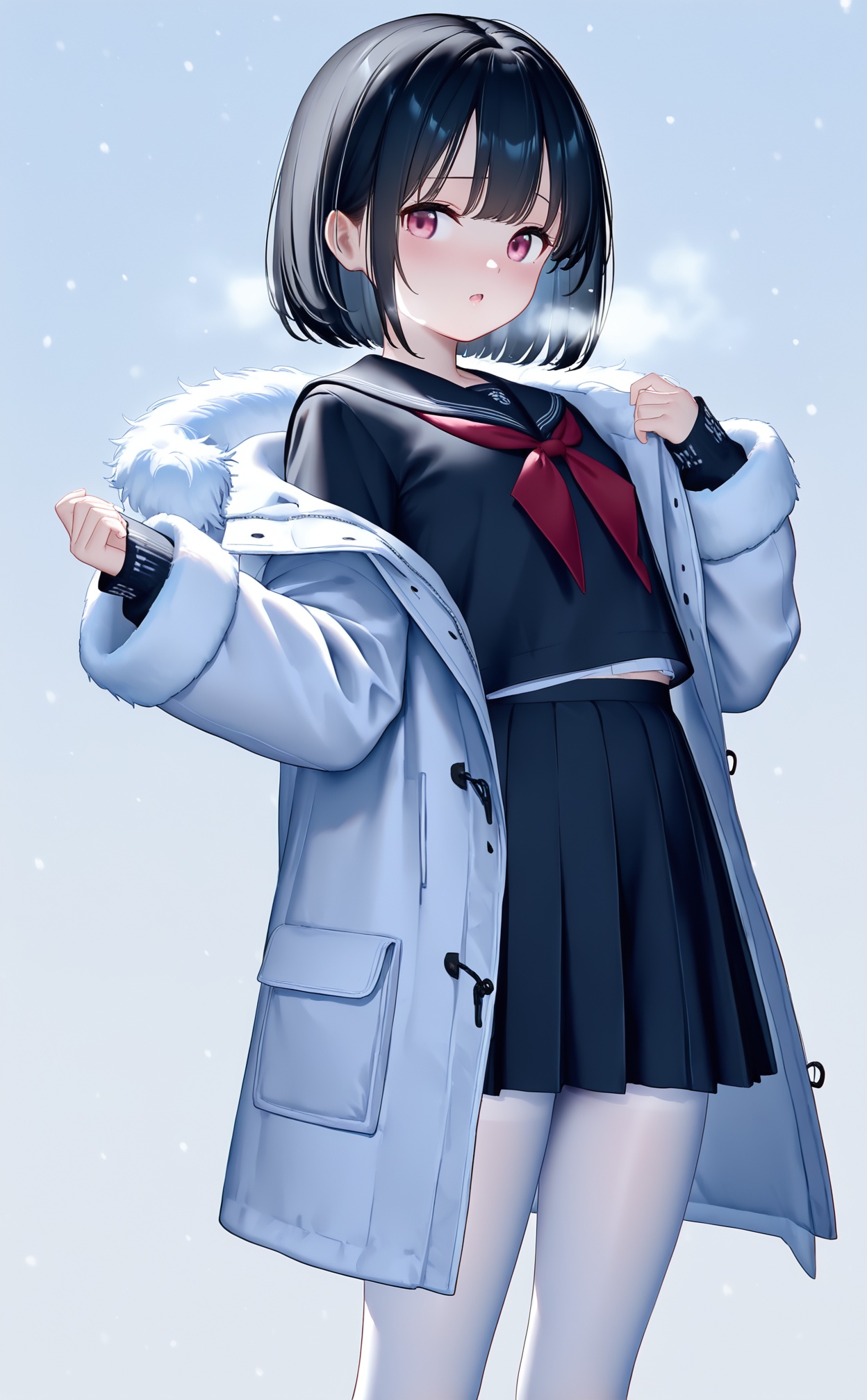 masterpiece,very aware,highres,absurdres,newest,best quality,high quality,loli,chromatic_aberration,Light Blue Theme,//,white_pantyhose,1girl, solo, black hair, red neckerchief, fur trim, coat, white pantyhose, pantyhose, skirt, school uniform, black serafuku, simple background, black skirt, short hair, serafuku, white background, pleated skirt, fur-trimmed coat, long sleeves, neckerchief, white coat, blush, pink eyes, black shirt, hands up, shirt, open coat, looking to the side, fur-trimmed sleeves, parted lips, sleeves past wrists, open mouth, open clothes, breath, cowboy shot, winter clothes, standing, fur-trimmed jacket, winter coat, raised eyebrows//,year_2023,year_2024,buzhidao228 style,//,<lora:buzhidao228——【noob】hans:0.4>,