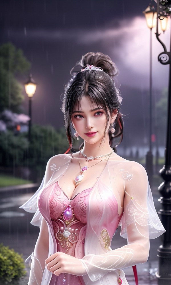 <lora:454-DA-永劫无间-斗罗大陆-小舞:0.8> ,(,1girl, ,best quality, ),looking at viewer, ,ultra detailed 8k cg, ultra detailed background,  ultra realistic 8k cg,          cinematic lighting, cinematic bloom, (( , )),,  , unreal, science fiction,  luxury, jewelry, diamond, pearl, gem, sapphire, ruby, emerald, intricate detail, delicate pattern, charming, alluring, seductive, erotic, enchanting, hair ornament, necklace, earrings, bracelet, armlet,halo,masterpiece, (( , )),,  ,cherry blossoms,(((, night,night sky,lamppost,  ultra high res, (photorealistic:1.4), raw photo, 1girl, , rain, sweat, ,wet, )))(( , ))   (cleavage), (),