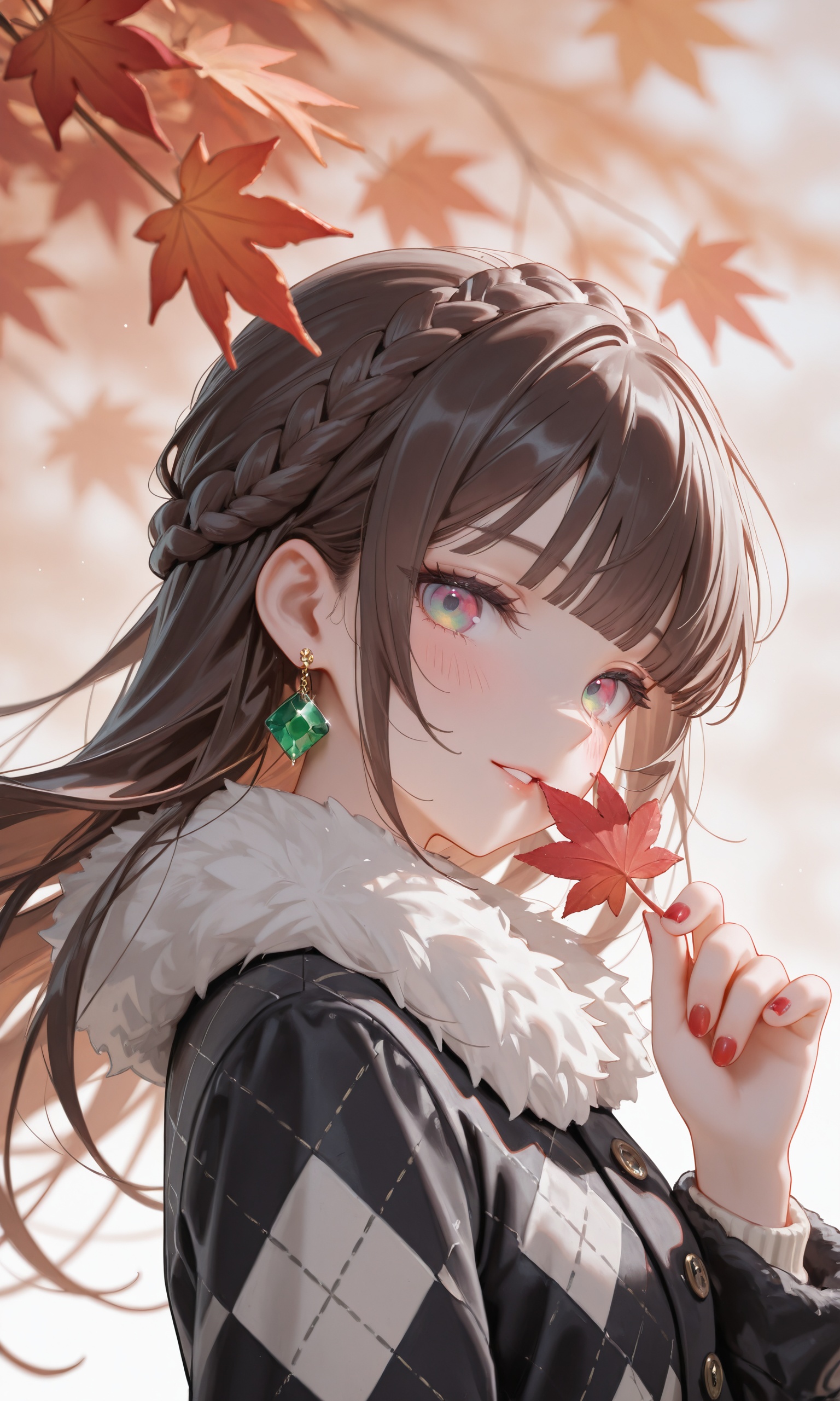 very aesthetic, 1girl,original,argyle clothes,argyle jacket,black jacket,blush,braid,brown hair,close-up,earrings,green eyes,head tilt,holding,holding leaf,jacket,jewelry,leaf,leaf earrings,looking at viewer,maple leaf,red nails,solo,fur trim,nail polish,gem,long sleeves,blunt bangs,light smile,multicolored eyes,parted lips,sidelocks,upper body,single braid,wind,straight hair,floating hair,pink eyes,autumn,eyelashes,from side,fur-trimmed jacket,long hair,glint,crown braid,looking to the side,green gemstone,hand up,autumn leaves,fingernails,buttons,light particle,masterpiece, best quality, ultra-detailed,pale_skin,