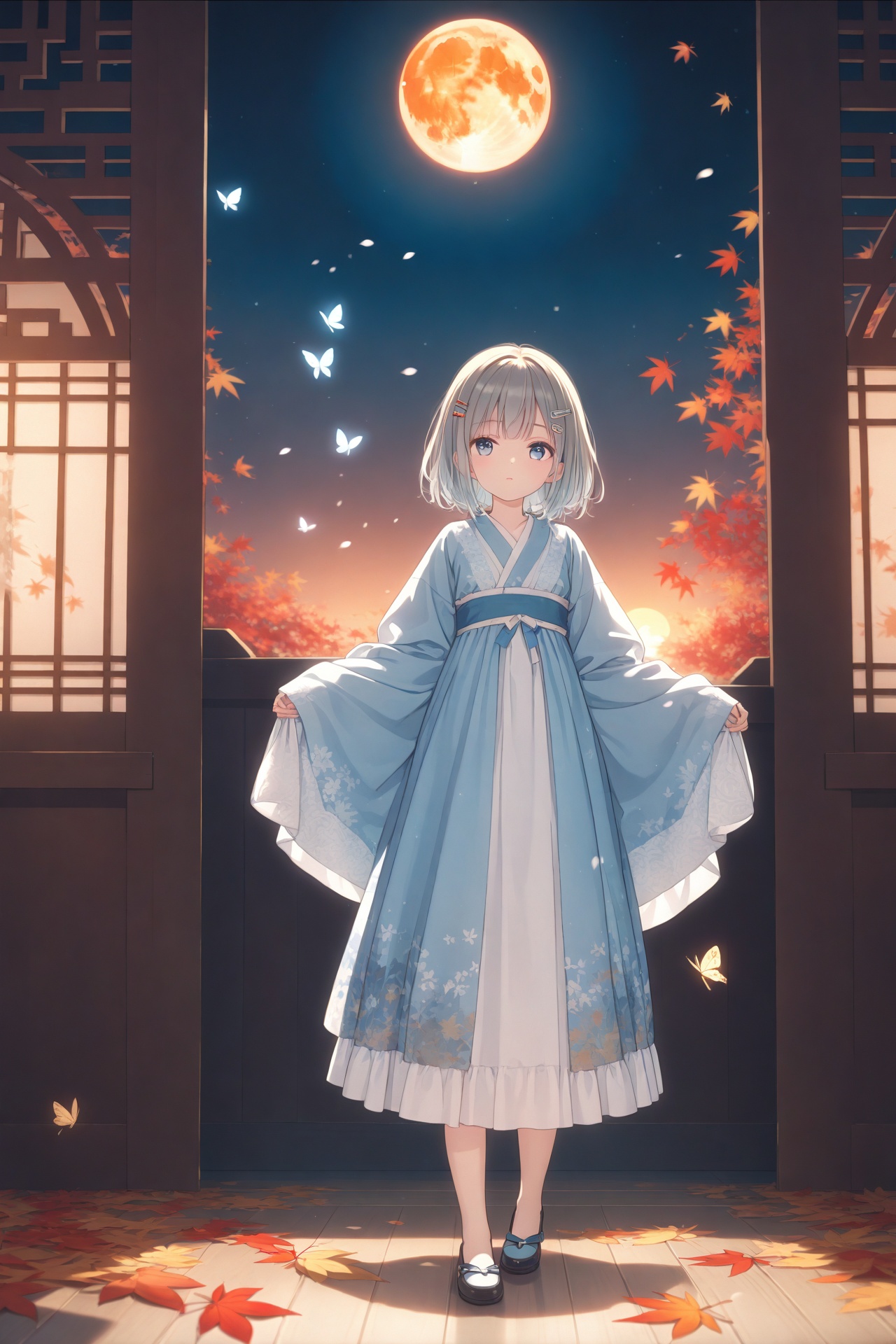 (masterpiece),(best quality),illustration,ultra detailed,hdr,Depth of field,(colorful),loli,full body,focus,masterpiece,solo,gradient_background,autumn,best quality,lantern,Through the mottled light and shadow of leaves,late at night,wind,flying butterfly,flying petal,maple,Falling Maple Leaves,Orange Moon,1 girl,Beautiful and meticulous eyes,small breast,beautiful detailed,hanfu-anime-style,Grey gradient hair Blue highlights,hairpin,hime_cut,sleeves past wrists,sleeves past fingers,sigh,strong rim light,anime screenshot,Bust,solo focus,extremely detailed wallpaper,Personage as the main perspective,intense shadows,cinematic lighting,depth of field,painting,