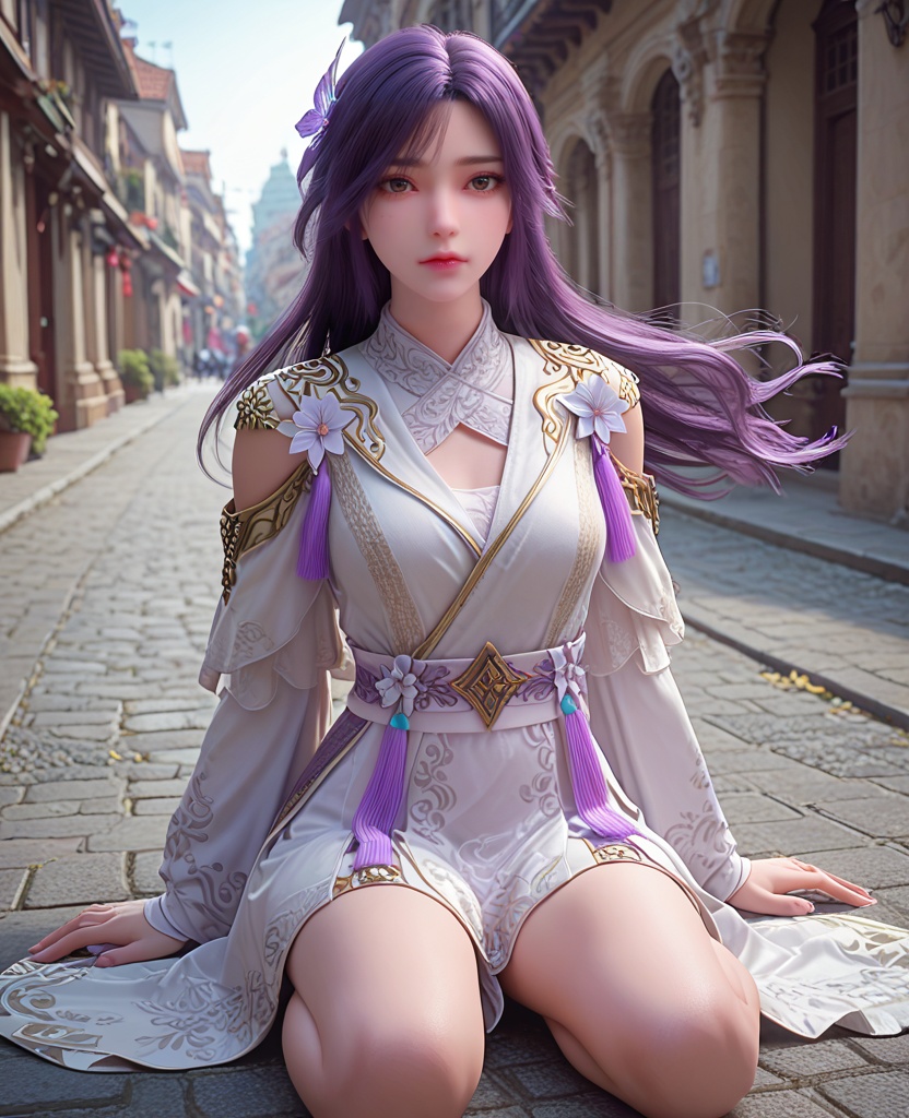 (oriental architecture, elegant decor, sophisticated style:1.1),Dynamic Landing, One knee on the ground, fist pressed against the ground after a powerful landing,,(breasts:1.2),<lora:XL完美世界云曦易容:0.8>,miss moxi,solo,white dress,sash,purple fart curtain,shawl,clothing cutout,long sleeves,shoulder cutout,brown eyes,purple hair,long hair,butterfly hair ornament,flower ornament,tassel,lips,jewelry,, zPDXL2, score_9, score_8_up, score_7_up BREAK realistic, masterpiece,best quality, highly detailed,, zPDXL3, zPDXL2,zPDXL, zPDXLxxx, zPDXLrl,