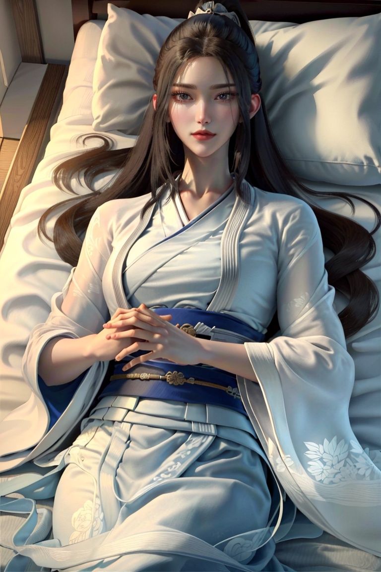 (8k, RAW photo, best quality, masterpiece:1.2),(realistic, photo-realistic:1.3), ultra-detailed, extremely detailed cg 8k wallpaper,(crystalstexture  skin:1.2), (extremely delicate and beautiful), (perfect hands, perfect fingers ,perfect anatomy:1.2),(good hands and fingers:1.3), (nice hands:1.3), 1girl, solo, ponytail, lips, breasts, long sleeves, dress, hanfu, chinese clothes, japanese clothes, sash, robe, looking at viewer, (cowboy shot:1.3), (lying on back), bed shee,<lora:韩国娃娃koreandolllikenessV20_v20:0.4>   <lora:fqx:0.85>